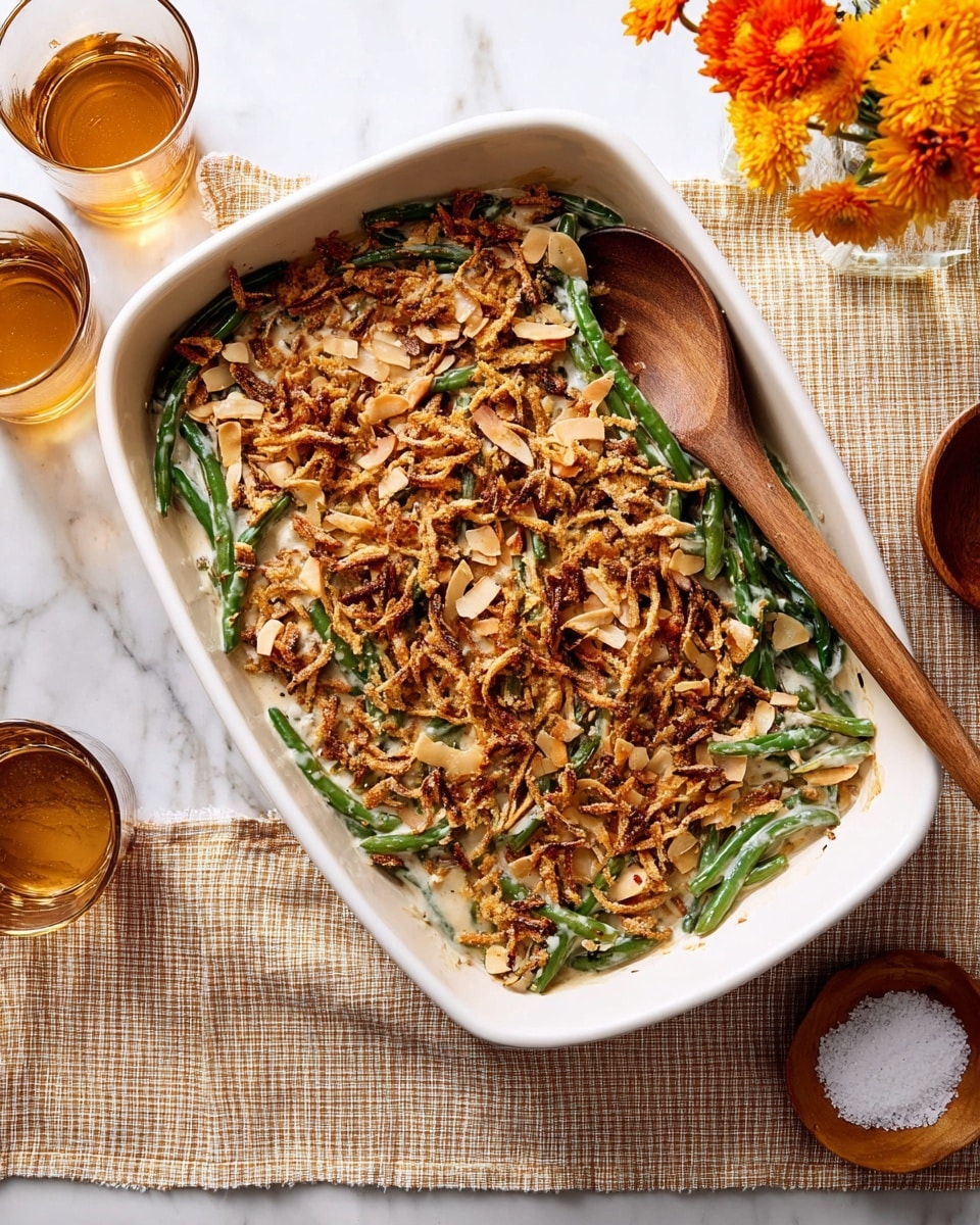 A white baking dish filled with a green bean casserole that has three visible layers: the bottom layer of green beans with a creamy light beige sauce, the middle layer slightly mixed with the sauce and beans, and the top thick layer covered in golden-brown crispy fried onions and scattered light tan almond slices creating a crunchy texture. A wooden spoon rests on the right edge of the dish, and the scene is set on a white marbled surface with a folded beige checkered napkin partially under the dish. Nearby, there are two transparent glasses with amber liquid and a wooden bowl of salt with orange flowers in the top right corner. photo taken with an iphone --ar 4:5 --v 7