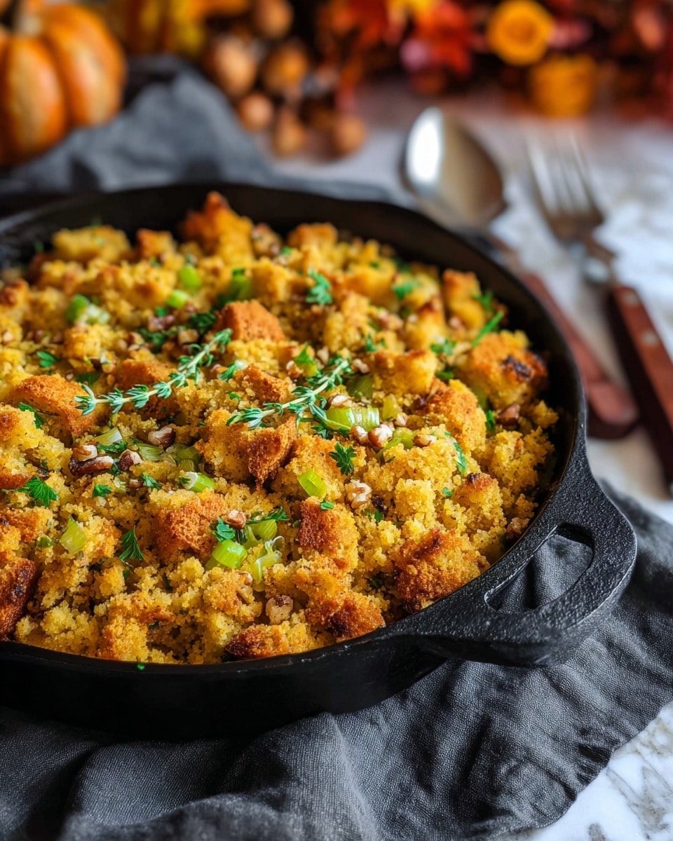 A cast iron skillet filled with a baked stuffing dish showing three main layers: the base is goldenbreadcrumb crumbs with light brown toasted edges, the middle layer contains bright green chopped celery pieces mixed within the crumbs, and the top features uneven chunks of toasted bread in a deeper golden brown scattered with fresh green thyme sprigs and darker herb bits. The skillet rests on a soft gray cloth next to a knife and fork with wooden handles, all placed on a white marbled texture surface. Photo taken with an iphone --ar 4:5 --v 7
