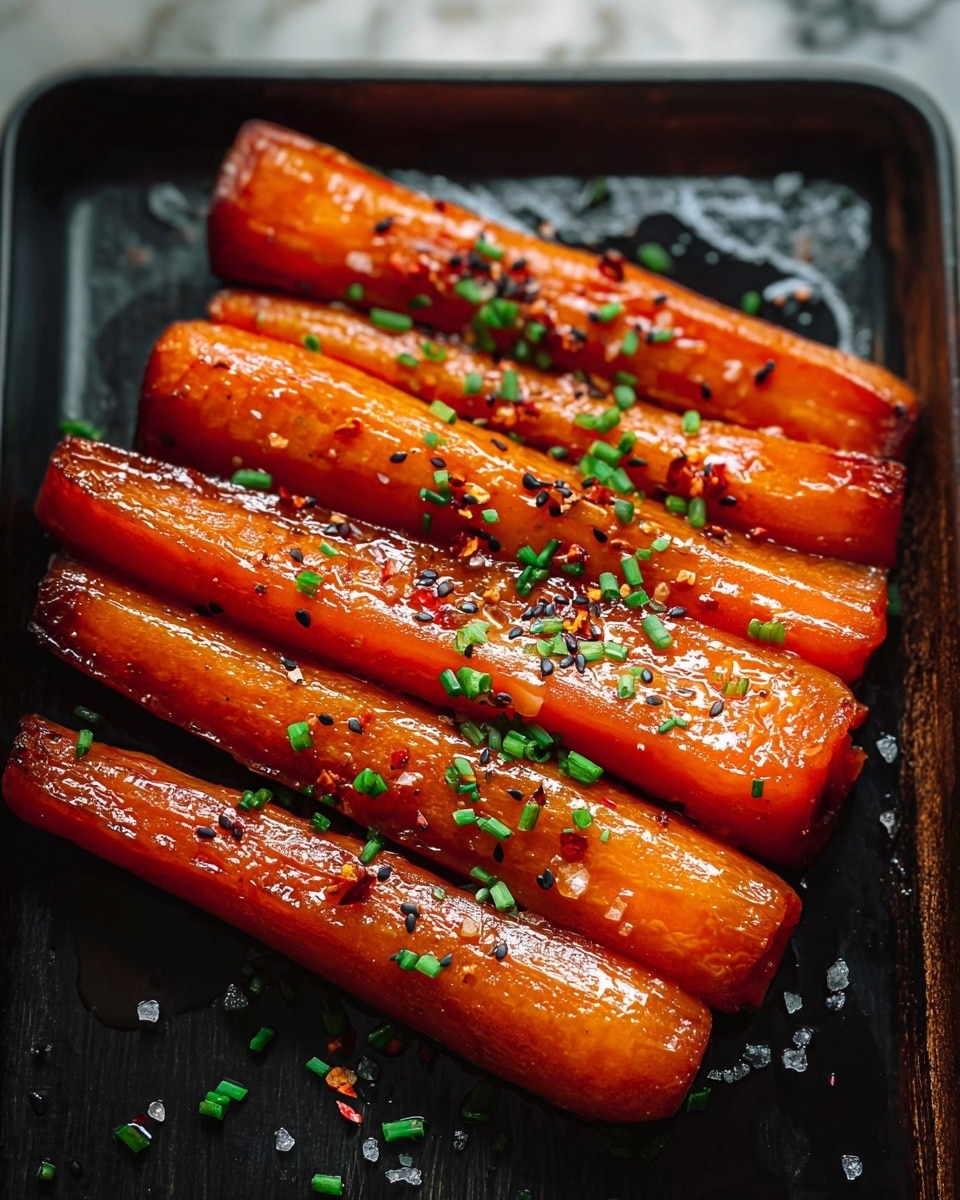 The image shows a black tray holding six long, thick carrot sticks with a shiny, sticky, reddish-orange glaze. The carrots have slight char marks and are topped with small black sesame seeds and chopped green onions scattered evenly on top. The tray is placed on a white marbled texture surface, with some scattered green onion pieces and coarse salt around it. The glaze gives the carrots a glossy and slightly textured look that makes them appear juicy and flavorful. Photo taken with an iphone --ar 4:5 --v 7