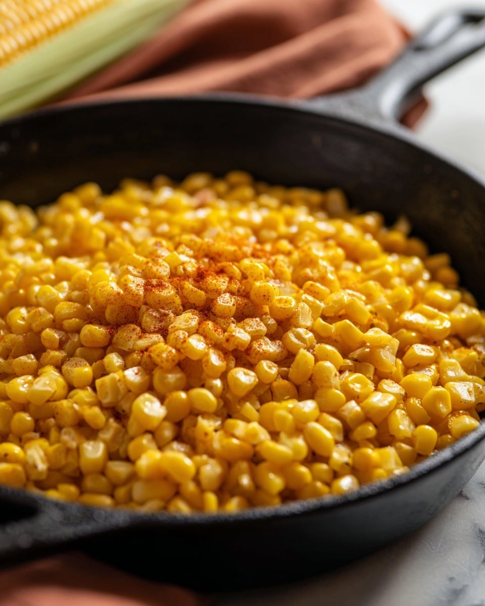 A close-up view of a black cast iron pan filled with bright yellow cooked corn kernels piled high in one thick layer, slightly steaming to show warmth, with a light sprinkle of reddish-brown seasoning mainly on the top center. The pan handle stretches out left with a soft focus, and the background shows a blurred light brown cloth and a corn cob hint, all set on a white marbled surface. photo taken with an iphone --ar 4:5 --v 7