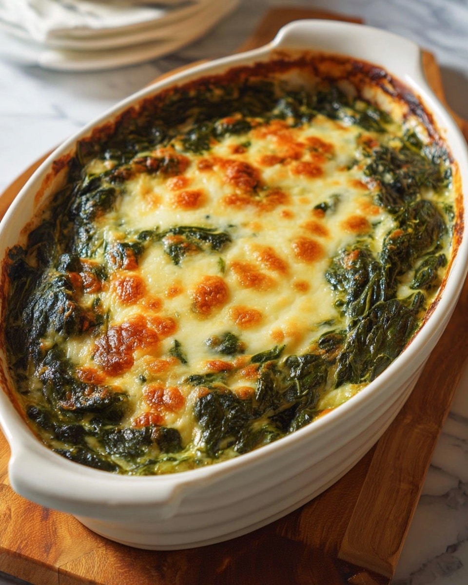 A white oval baking dish filled with a baked spinach and cheese casserole. The top layer is melted cheese, golden brown and bubbly with patches of toasted orange spots, covering a thick layer of dark green cooked spinach beneath. The edges show some browned, crispy cheese baked to a deep caramel color. The dish sits on a wooden board with a white marbled surface in the background. Photo taken with an iphone --ar 4:5 --v 7