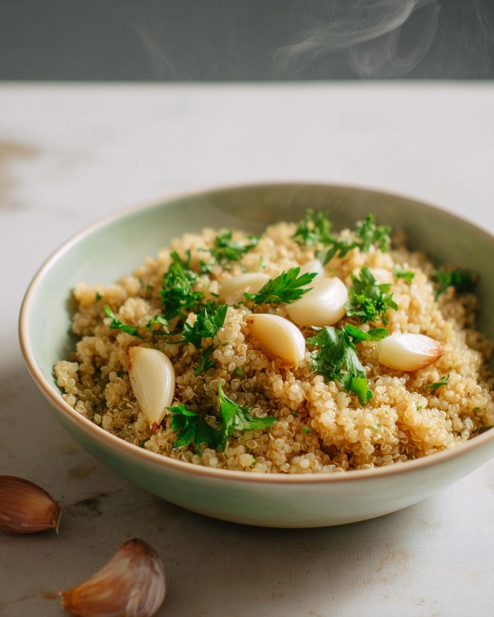 A steaming bowl of cooked quinoa sits in a white bowl with a light brown rim, filled to the top with creamy, fluffy grains. On top of the quinoa are several whole garlic cloves, lightly browned and slightly glossy, scattered evenly across the surface. Bright green parsley leaves are sprinkled around the cloves, adding a fresh pop of color. The bowl rests on a light beige cloth with soft shadows, set against a background with a white marbled texture. The warm steam rising from the quinoa adds a fresh, just-served feel to the dish. photo taken with an iphone --ar 4:5 --v 7