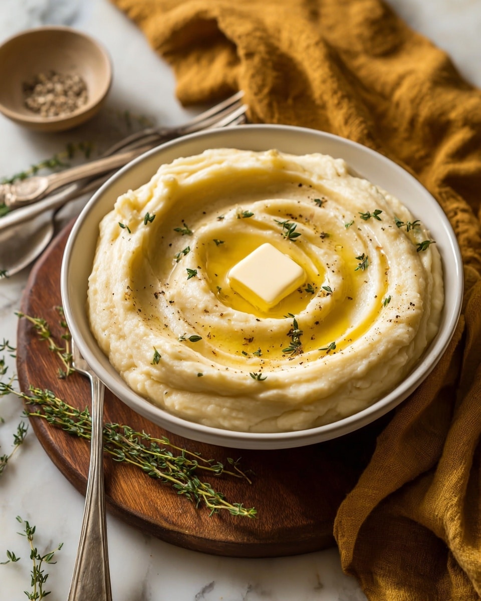 A white bowl filled with creamy mashed potatoes, shaped in soft swirling layers that rise gently toward the center. On top sits a perfect square of melting butter, glowing golden and slightly melting into the smooth texture below. Tiny green herb leaves, likely thyme, are scattered on the mashed potatoes along with a dusting of black pepper, adding small touches of color. The bowl rests on a wooden round board, with a mustard yellow cloth partly visible on the side and a few silver forks nearby. The background has a soft focus with a white marbled texture surface subtly visible. photo taken with an iphone --ar 4:5 --v 7