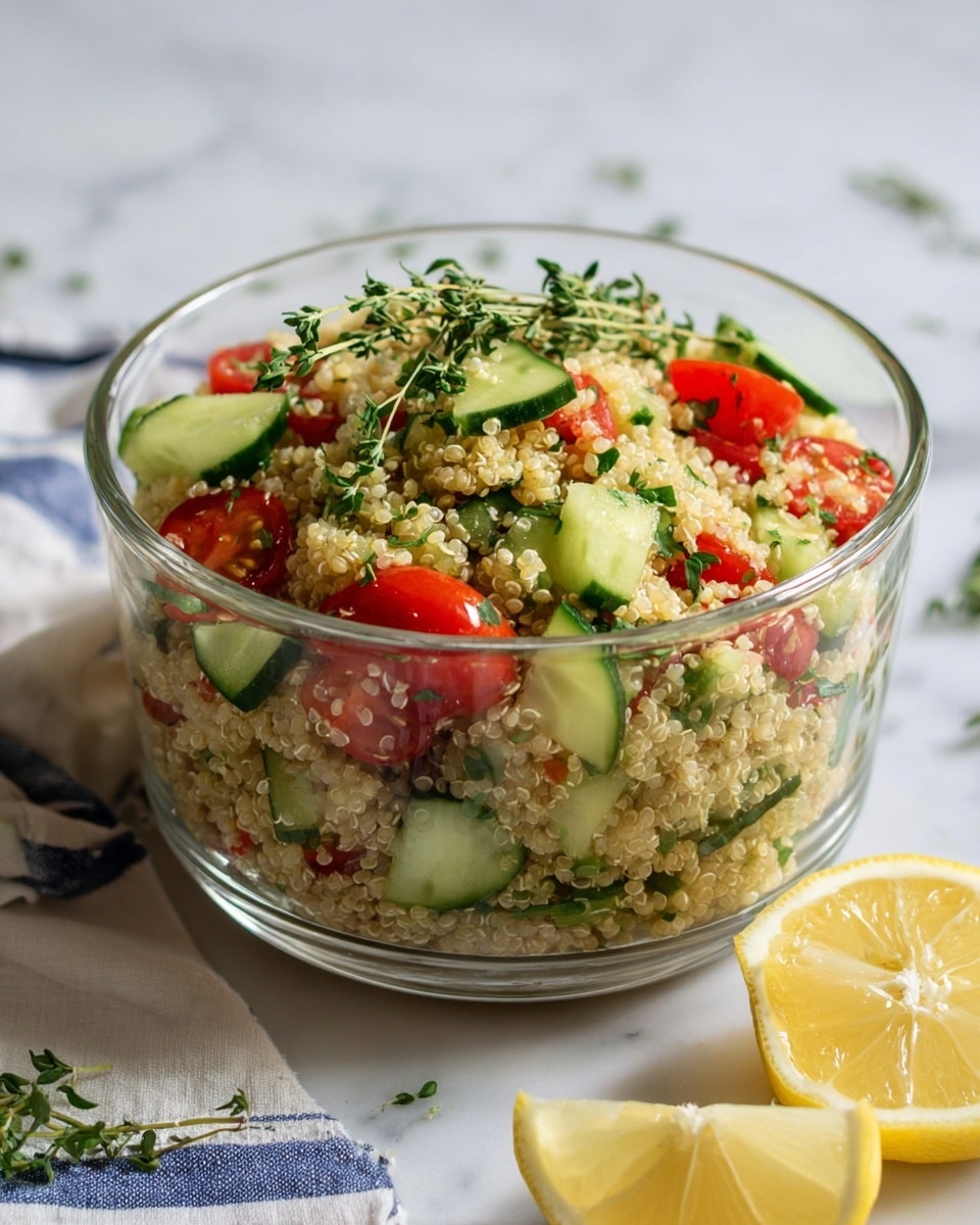 A clear glass bowl filled with three main layers: the bottom layer is sliced cucumber pieces in light and dark green tones, the middle layer consists of halved red cherry tomatoes, and the top layer is light beige quinoa mixed with finely chopped cucumber and tomato bits, garnished with green thyme sprigs. The bowl sits on a white marbled surface with a blue and white striped cloth under one side. There is a halved lemon with bright yellow flesh on the right side and an uncut cucumber in the background. photo taken with an iphone --ar 4:5 --v 7
