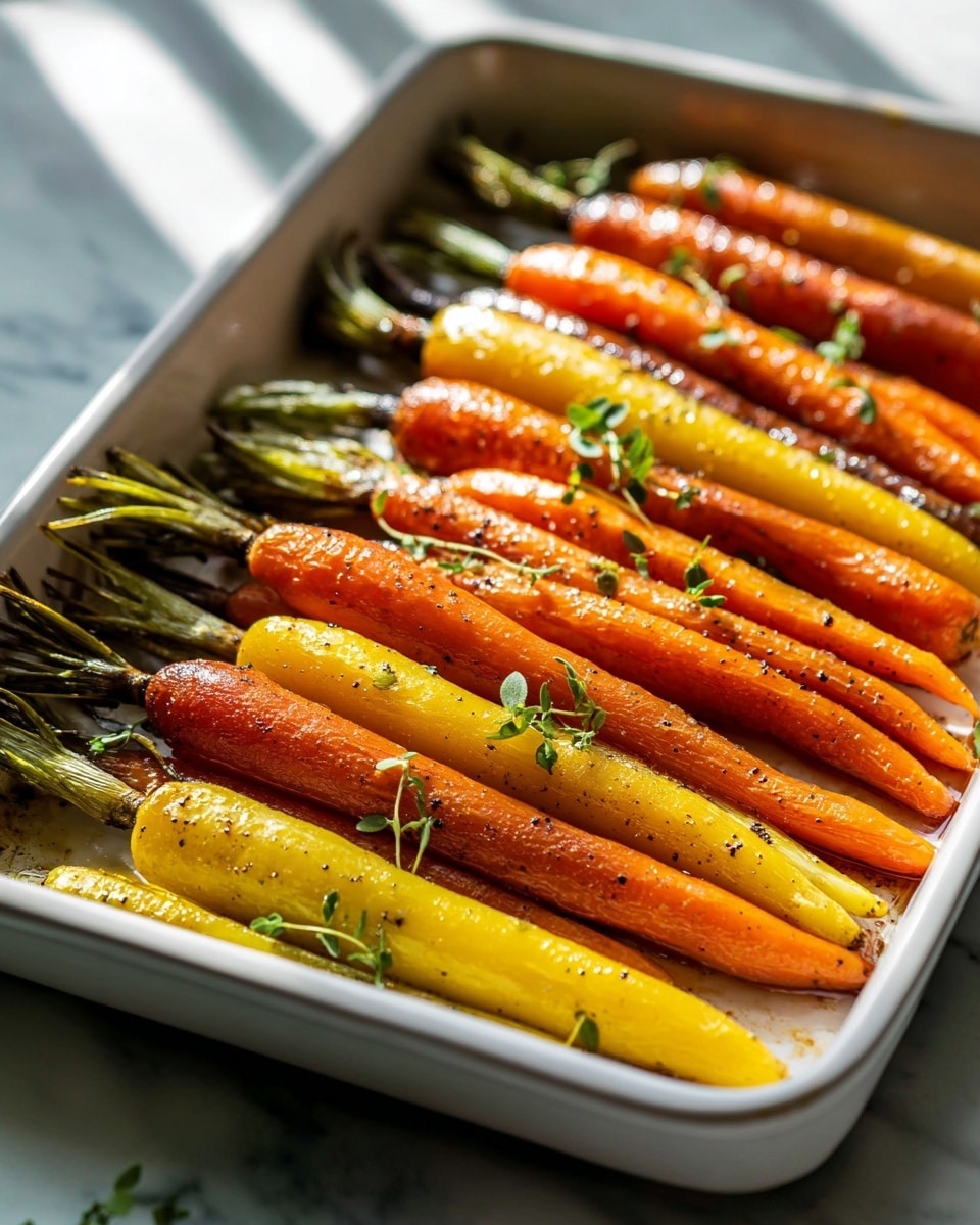 A white rectangular tray contains one layer of roasted carrots arranged side by side with their green tops still attached, showing a mix of bright orange and yellow colors. The carrots have a slightly wrinkled texture and are seasoned with black pepper, with small sprigs of fresh green herbs scattered on top. The tray is set against a soft, white marbled surface with natural light creating soft shadows. photo taken with an iphone --ar 4:5 --v 7