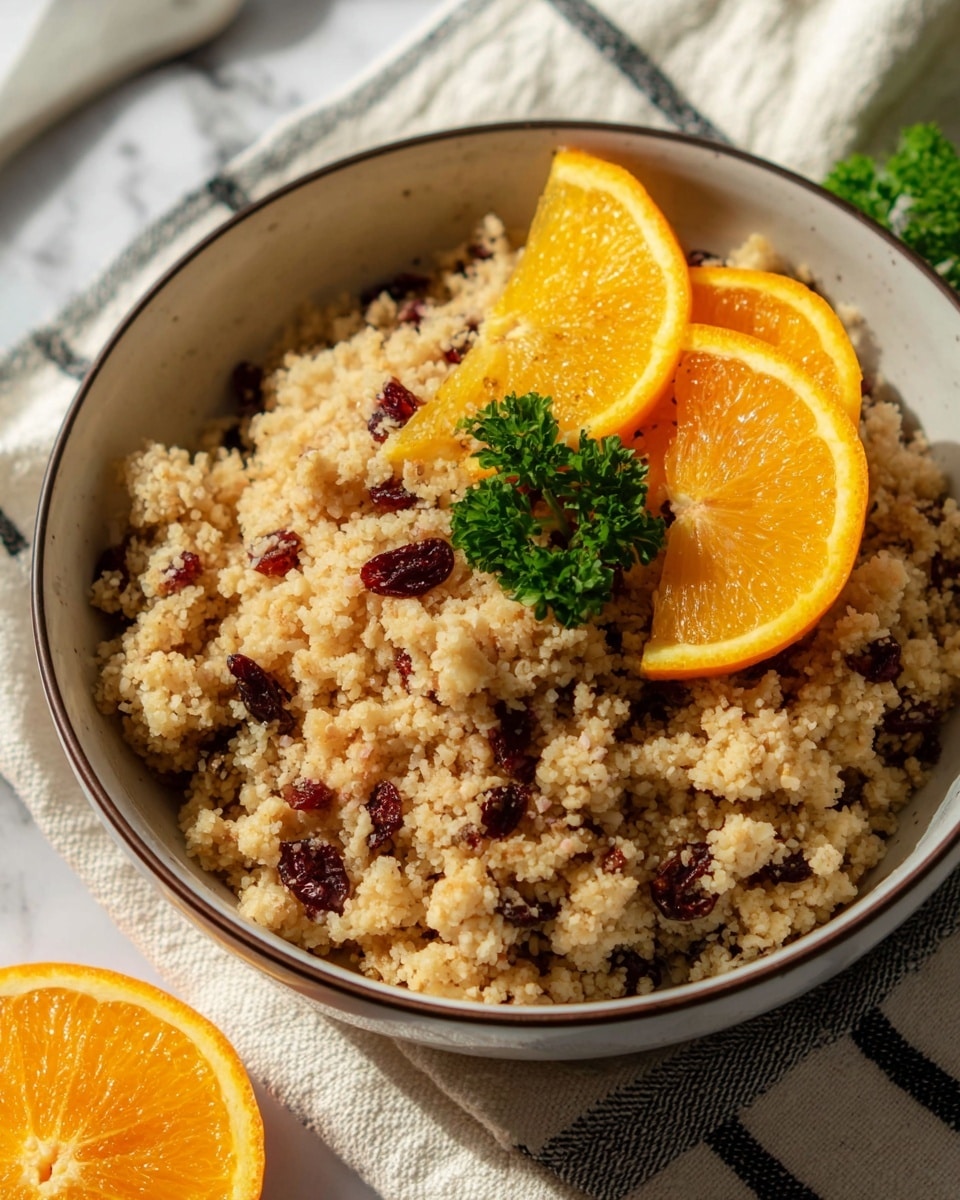 A bowl of light beige couscous mixed with small, dark red dried cranberries fills the white bowl, showing a grainy and fluffy texture. On top, two bright orange slices rest beside a green parsley leaf, adding a fresh touch. The bowl sits on a striped cloth on a white marbled surface, with a sliced orange and a glass of water blurred in the background. The sunlight highlights the colors and textures well. photo taken with an iphone --ar 4:5 --v 7