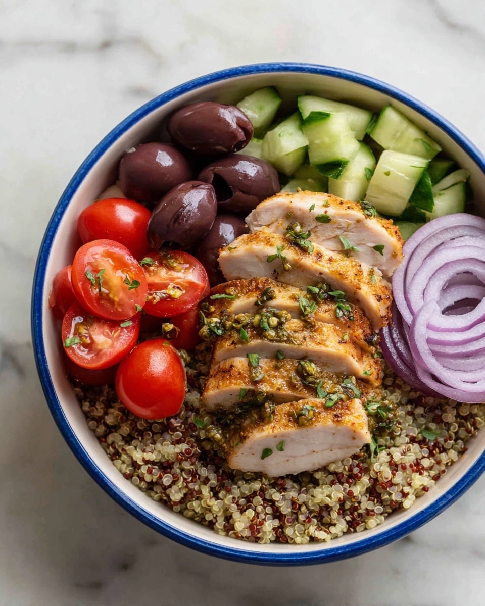 A white bowl with a blue rim shows a healthy meal with five layers: the first layer is a bed of fluffy white and black quinoa covering the bowl's bottom; on top of it sits juicy, sliced grilled chicken breast with green herb sauce drizzle; to the left of the chicken are dark purple Kalamata olives; next to the olives are bright red cherry tomatoes, some halved showing seeds inside; above the chicken are thick pieces of fresh cucumber with green skin; and on the far right are delicate rings of light purple-red onion slices, all garnished with small green herb leaves. The bowl is placed on a white marbled surface. photo taken with an iphone --ar 4:5 --v 7