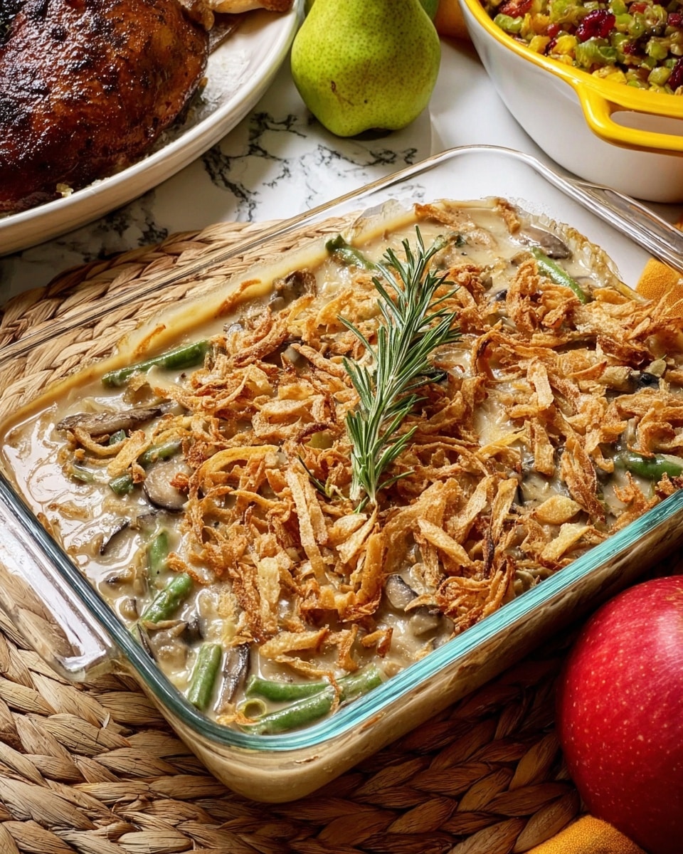 A glass rectangular dish filled with a creamy casserole topped with a layer of crispy, golden-brown fried onions scattered unevenly across the surface. Beneath the onion topping, a thick, light brown sauce with visible green beans and bits of mushrooms forms the main layer. A small sprig of fresh rosemary with green needles rests on top of the fried onions. The dish is placed on a woven straw mat on a white marbled surface. In the background, there is a partially sliced browned roasted meat, a bright green pear standing upright, and a white dish with a yellow handle filled with colorful stuffing. A red apple peeks into the bottom right corner of the image. Photo taken with an iphone --ar 4:5 --v 7