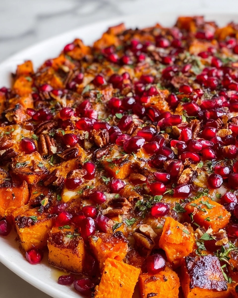 This image shows a close-up of a dish with three main layers: the base is made of orange roasted sweet potato cubes with a slightly crispy texture, scattered with darkened edges; on top are bright red pomegranate seeds, adding a glossy, juicy texture; sprinkled throughout are small pieces of light brown chopped nuts, likely pecans, adding crunch; small bits of herbs in dark green are spread across the dish, giving a fresh touch; the whole dish lies on a white plate set on a white marbled surface. Photo taken with an iphone --ar 4:5 --v 7
