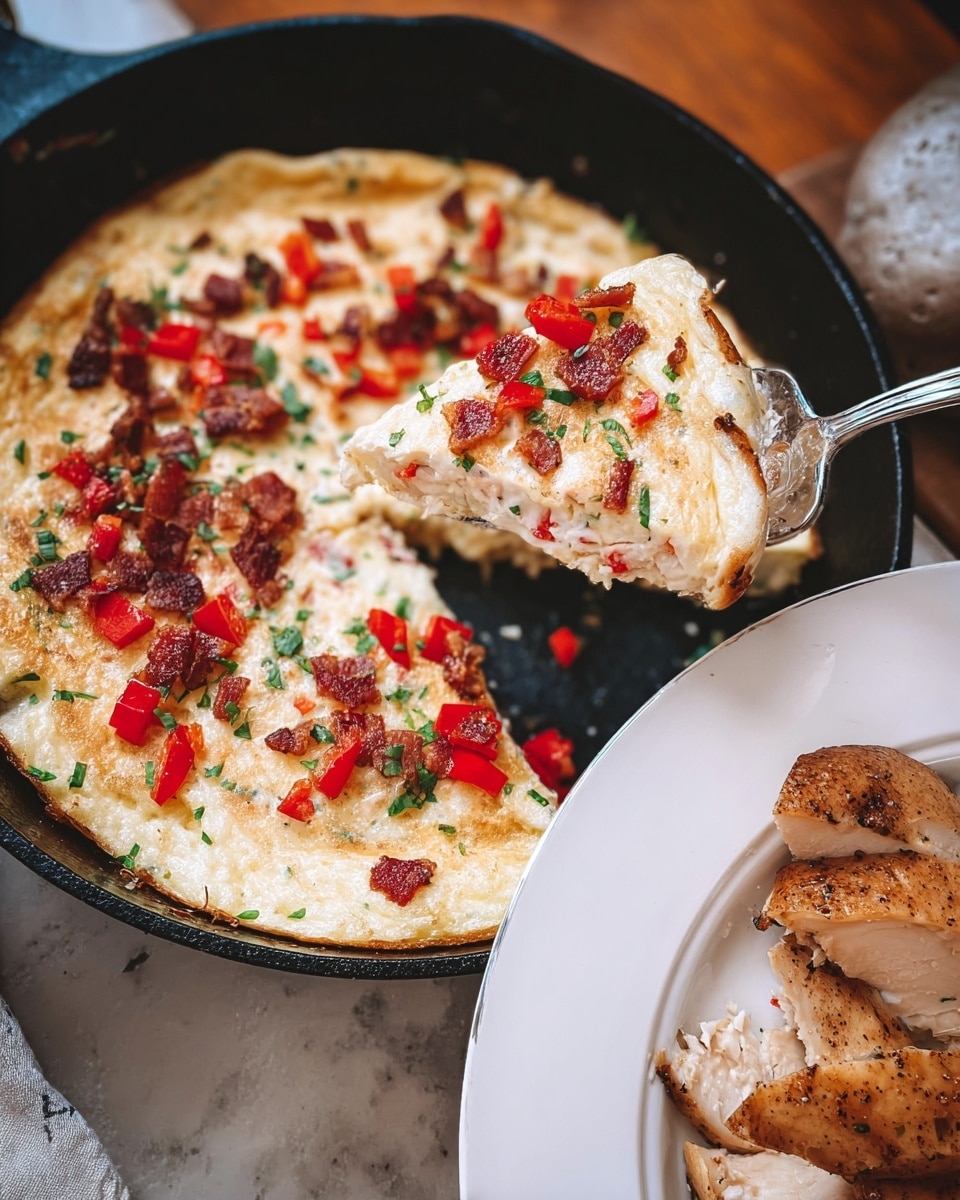 This image shows a close-up of a creamy white omelet cooked in a black skillet, topped with scattered small pieces of red bell pepper, crispy bits of brown bacon, and finely chopped green herbs. A silver spoon lifts one slice of the omelet, revealing its fluffy texture. Next to the skillet, on a white plate, are slices of golden-brown cooked chicken resting on a thin layer of the same omelet with visible bits of red pepper. A brown raw potato and white marbled texture serve as the background. Photo taken with an iphone --ar 4:5 --v 7