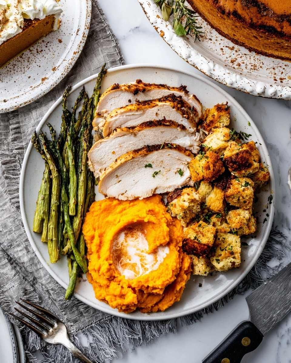 The image shows a white plate with four main layers of food arranged neatly: at the top right, golden brown stuffing chunks with a crispy texture and herb garnish; to the left, several thick slices of roasted turkey breast with a slightly charred outer edge and pale inside; below the turkey, bright green grilled asparagus spears laid side by side; next to the asparagus, a scoop of creamy mashed sweet potatoes in a bright orange color with small white spots of melted butter on top. The plate rests on a gray fringed cloth on a white marbled surface. In the background, part of a white speckled plate with a slice of layered pumpkin pie topped with whipped cream and a dusting of cinnamon is visible. Nearby is a silver fork, and at the bottom, a cutting board with a black-handled knife and a piece of roasted turkey also appear. photo taken with an iphone --ar 4:5 --v 7