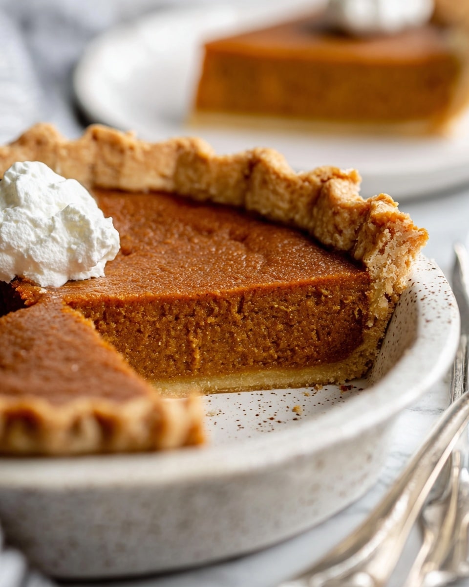 A close-up of a slice of pumpkin pie with two layers, a golden-brown crust at the bottom and edges, and a smooth, dense, deep orange-brown pumpkin filling that fills the rest of the pie dish. The pie dish is white with a speckled pattern. In the background, blurred, there is a slice of pumpkin pie on a white plate with a dollop of white whipped cream on top and a silver fork beside it. The setting is on a white marbled surface. Photo taken with an iphone --ar 4:5 --v 7