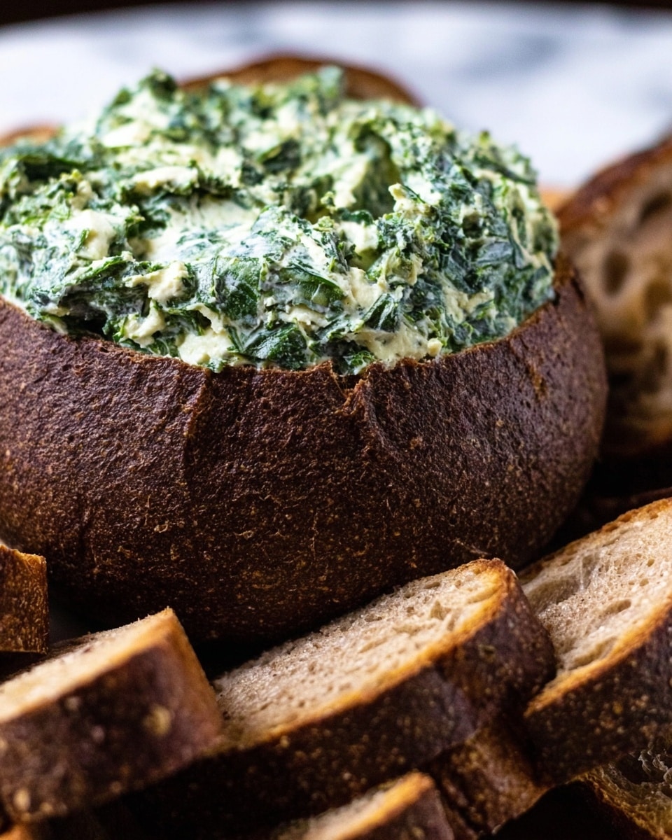 The image shows a close-up of a dark brown, round bread bowl with a rough texture filled with a creamy, light green mixture that looks chunky and rich, made of finely chopped herbs or greens mixed with a creamy dairy base. Around the bread bowl, there are several thick slices of the same dark brown bread, some leaning against the bowl. The background is a soft, white marbled texture, making the bread and filling stand out clearly. Photo taken with an iphone --ar 4:5 --v 7