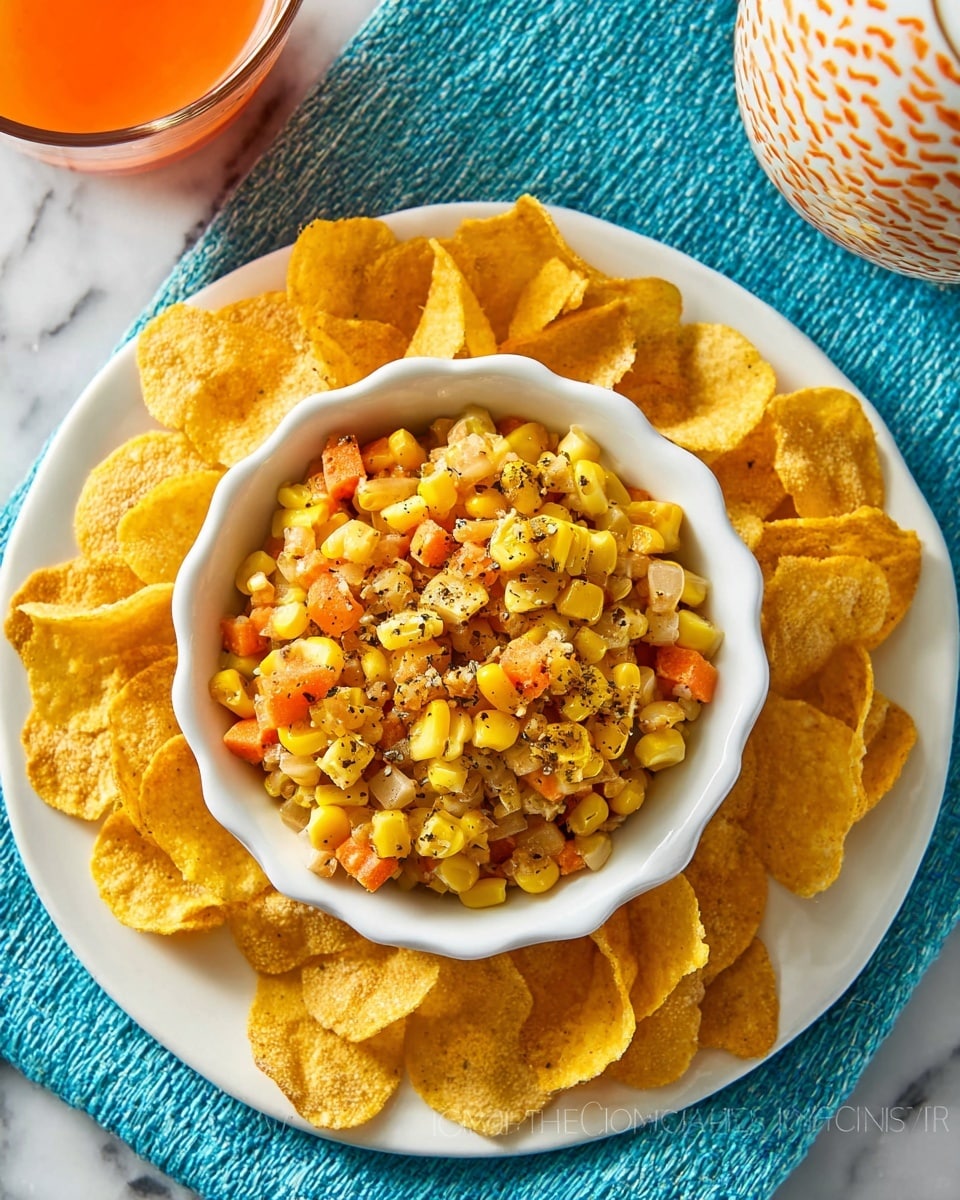 A small white scalloped bowl filled with a colorful corn salad sits in the middle of a white marbled surface. The salad contains bright yellow corn kernels mixed with small chunks of orange carrots, red tomatoes, and a light sprinkling of herbs, giving it a textured, fresh look. Around the bowl, there are curved mustard-yellow snack chips arranged loosely, adding a crunchy contrast. A bright turquoise cloth is partially visible in the background, adding a pop of color. Photo taken with an iphone --ar 4:5 --v 7