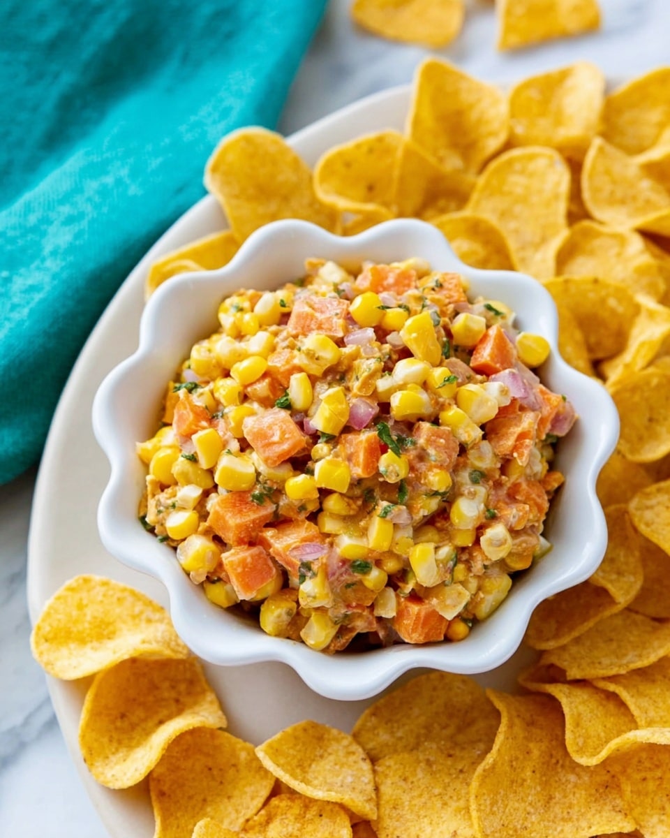 A white scalloped bowl filled with a mix of yellow corn kernels, small orange carrot pieces, and light brown bits, all seasoned with black pepper, sits centered on a white plate. Around the bowl, there is a ring of golden-yellow, curved snack chips with a slightly rough texture. The plate is placed on a bright blue textured cloth on a white marbled surface. In the upper right, there is the edge of a cup with a white and orange pattern, holding a bright orange drink. photo taken with an iphone --ar 4:5 --v 7