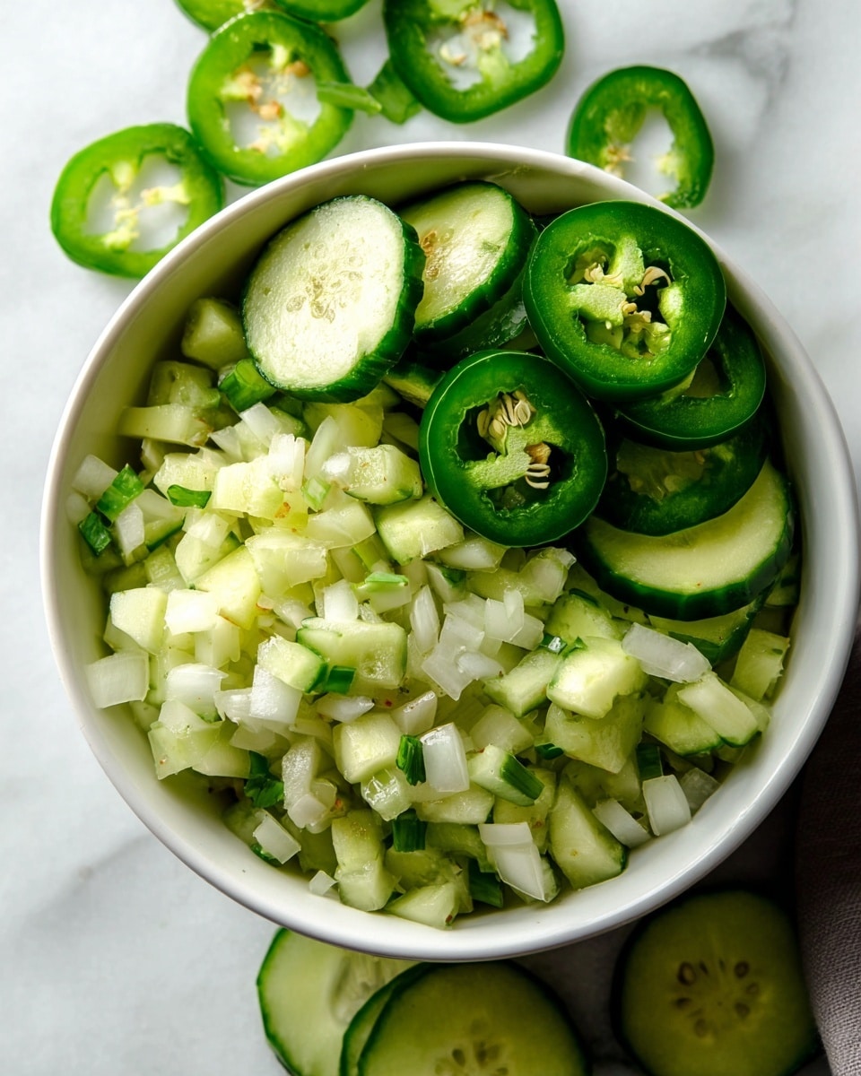 A white bowl filled with a fresh cucumber salad with two main layers; the bottom layer contains small diced cucumber pieces mixed with some tiny chopped onion bits, light green and white in color with a slight shine, and the top layer arranged on one side of the bowl has a few slices of round cucumber with dark green edges and pale green centers, topped with three round slices of bright green jalapeño showing seeds inside; the bowl sits on a white marbled surface with some cucumber slices scattered around it. Photo taken with an iphone --ar 4:5 --v 7
