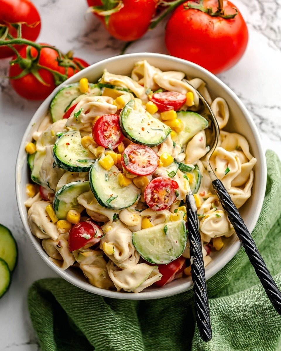 A white bowl holds a colorful pasta salad with several layers: the bottom layer is pasta in a light creamy dressing, with pale off-white tortellini mixed in. On top, there are bright green cucumber slices and small yellow corn kernels scattered across the bowl. Red cherry tomato halves add a fresh and juicy look among the layers. Two black twisted salad servers rest inside the bowl. The bowl sits on a white marbled surface, with vine tomatoes and a green cloth nearby. Photo taken with an iphone --ar 4:5 --v 7