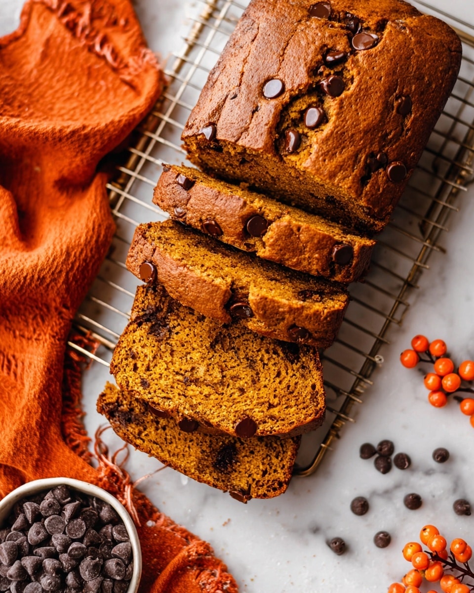 The image shows a loaf of chocolate chip pumpkin bread sliced into four thick pieces, all resting on a silver cooling rack on a white marbled surface. The bread’s outside is a warm golden brown with a slightly cracked texture and visible semi-sweet chocolate chips scattered throughout. One large slice is laid flat in front of the rack, revealing evenly distributed chocolate chips within its moist, dense, and slightly crumbly interior that has a rich pumpkin orange color. Around the bread, there is an orange cloth adding a cozy, autumn feel, with a few scattered chocolate chips and small orange decorative berries on twigs in the frame. In the corner, a white bowl filled with dark chocolate chips is visible. photo taken with an iphone --ar 4:5 --v 7