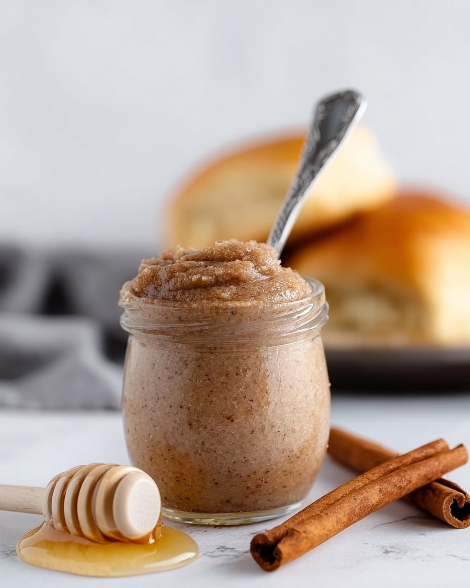 A small glass jar filled with smooth, light brown cinnamon butter, slightly swirled at the top with a silver spoon standing inside. In front of the jar, there is a white honey dipper covered with honey draped over its grooves, resting on a white marbled surface. To the right, two cinnamon sticks lie flat on the same surface. In the background, two soft, golden brown rolls are slightly blurred, sitting on a dark tray against a soft light gray backdrop. The entire scene is bright and clean. photo taken with an iphone --ar 4:5 --v 7