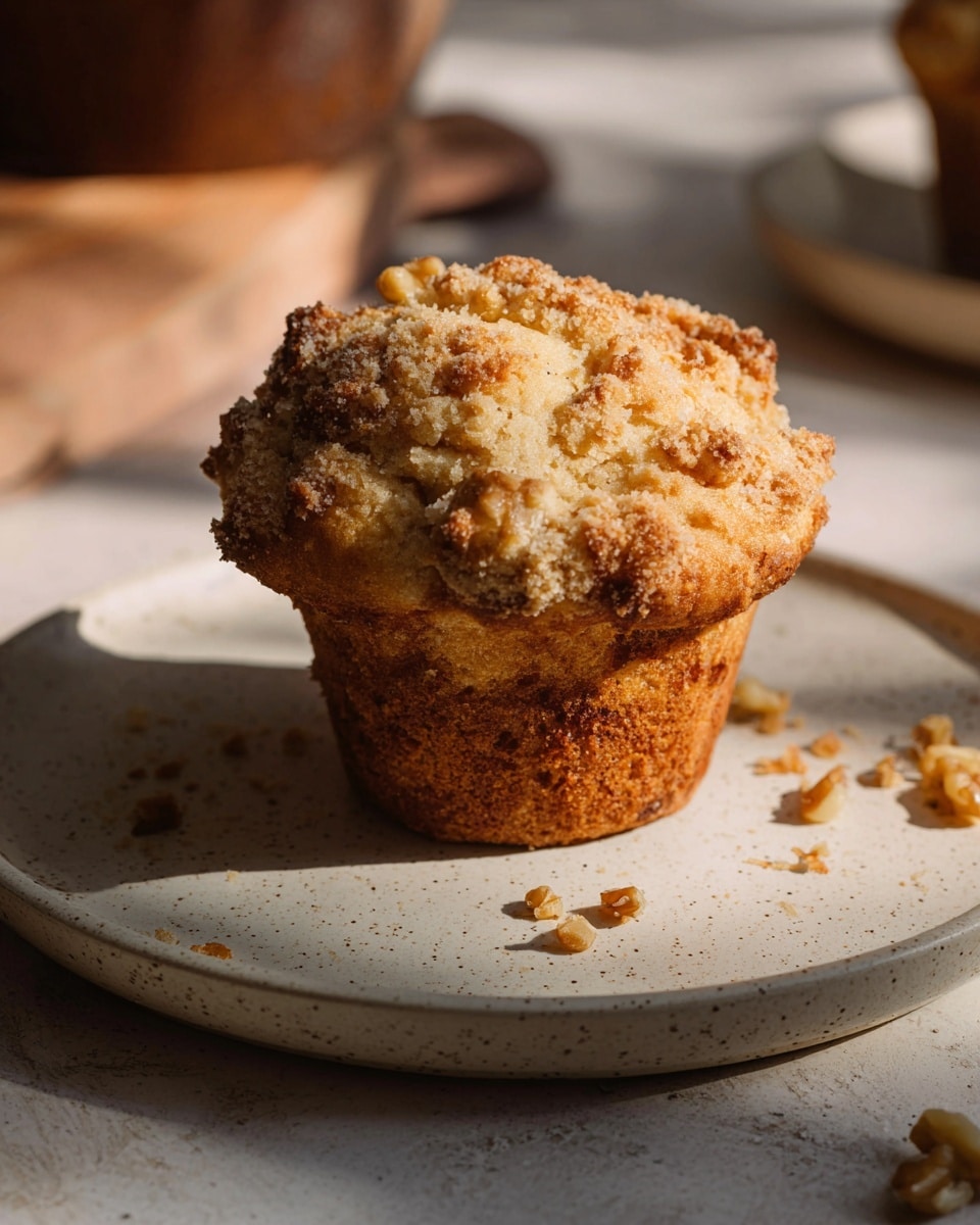 A single golden brown muffin with a crumbly top sits on a white plate, with crumbs and small walnut pieces scattered around it. The muffin has a textured, slightly rough surface with a baked crust at the base, showing hints of darker brown. The plate rests on another speckled white plate, all placed on a white marbled textured surface with soft shadows creating a warm, cozy feel. Photo taken with an iphone --ar 4:5 --v 7