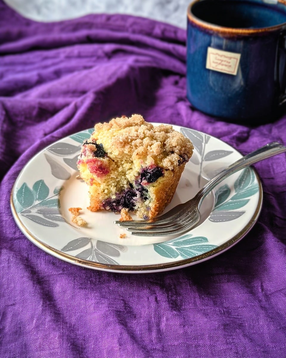 A single piece of crumbly muffin sits on a white plate with light gray and blue leaf patterns around the edges. The muffin has a golden brown crust with a crumb topping that is uneven and textured, while the inside shows soft, light yellow cake mixed with dark blueberries and bits of red berries. A silver fork rests partly on the plate, next to the muffin, and the plate itself is set on a rich purple fabric with gentle folds. A dark blue ceramic mug with a small label is placed near the plate. The surface beneath is a white marbled texture. Photo taken with an iphone --ar 4:5 --v 7