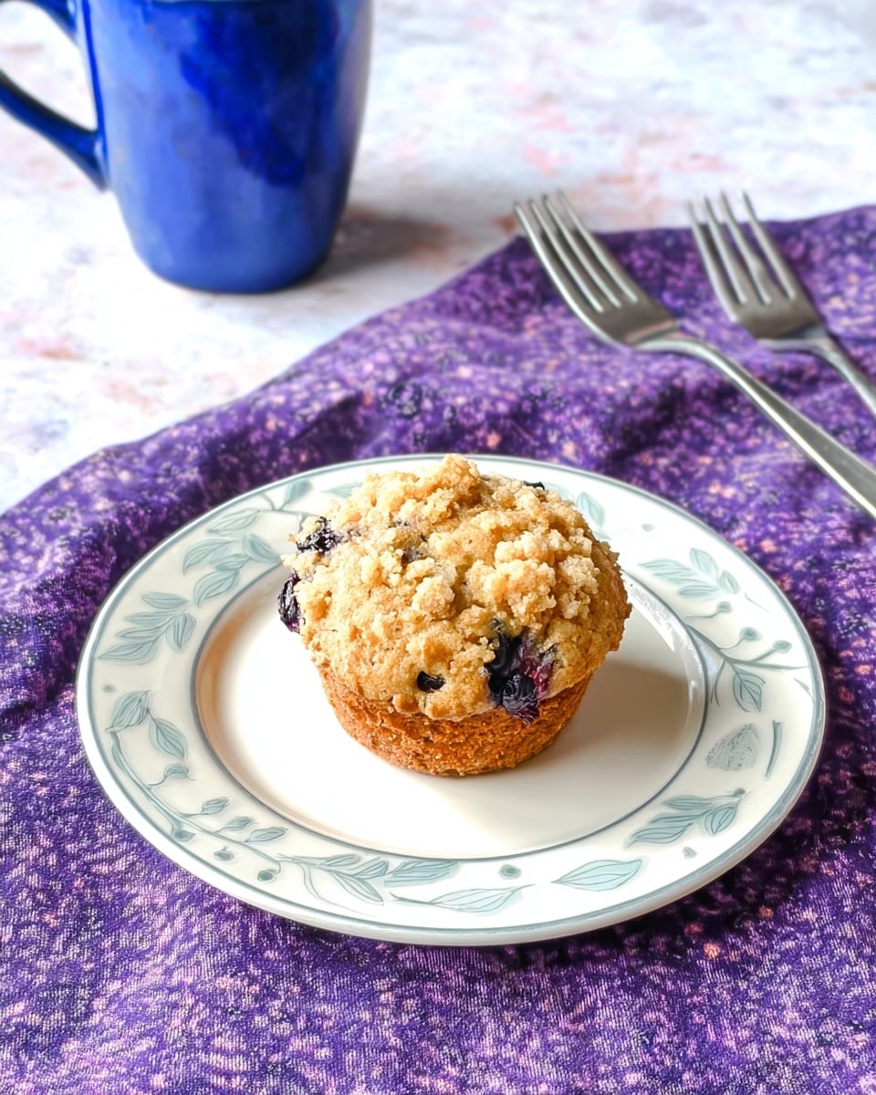 A crumbly golden brown muffin with visible blueberries is placed in the center of a white plate with a soft blue and grey leaf pattern along the edge. The plate sits on a white marbled textured surface, covered partially by a purple cloth with a subtle floral pattern. To the top left of the plate, there is a blue ceramic mug, and to the top right, two silver forks cross each other. The whole scene is bright and clear, showing the textures of the muffin and the cloth. photo taken with an iphone --ar 4:5 --v 7