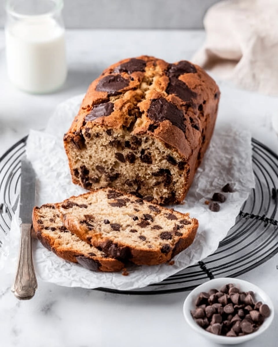 The image shows a loaf of chocolate chip bread resting on white parchment paper on a round black cooling rack. The bread has a golden-brown crust with visible large dark chocolate chunks on top. Two slices are cut and laid flat in front of the loaf, showing a soft inside filled with many small chocolate chips. Near the front right corner, a small white bowl holds extra dark chocolate chips. A vintage silver knife lies on the left side of the cooling rack. The background includes a glass of milk and a white marbled surface beneath everything. photo taken with an iphone --ar 4:5 --v 7