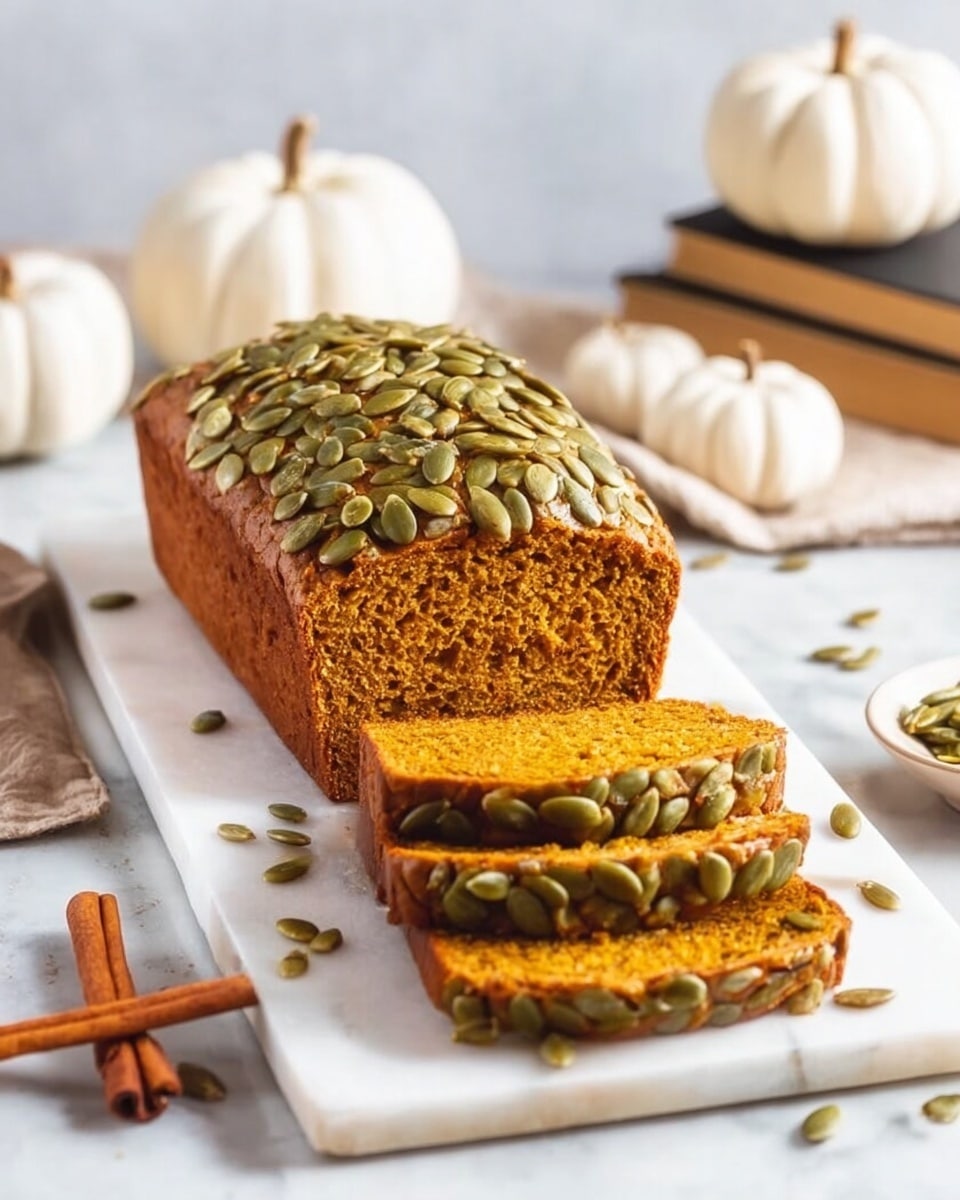A loaf of pumpkin bread with a golden-brown color topped with a thick layer of green pumpkin seeds. The bread is sliced in front, showing a soft and moist inner texture with a warm orange-brown hue. It sits on a white rectangular tray on a white marbled surface. Around the tray are scattered pumpkin seeds and cinnamon sticks, and in the background are white small pumpkins and stacked books. Photo taken with an iphone --ar 4:5 --v 7