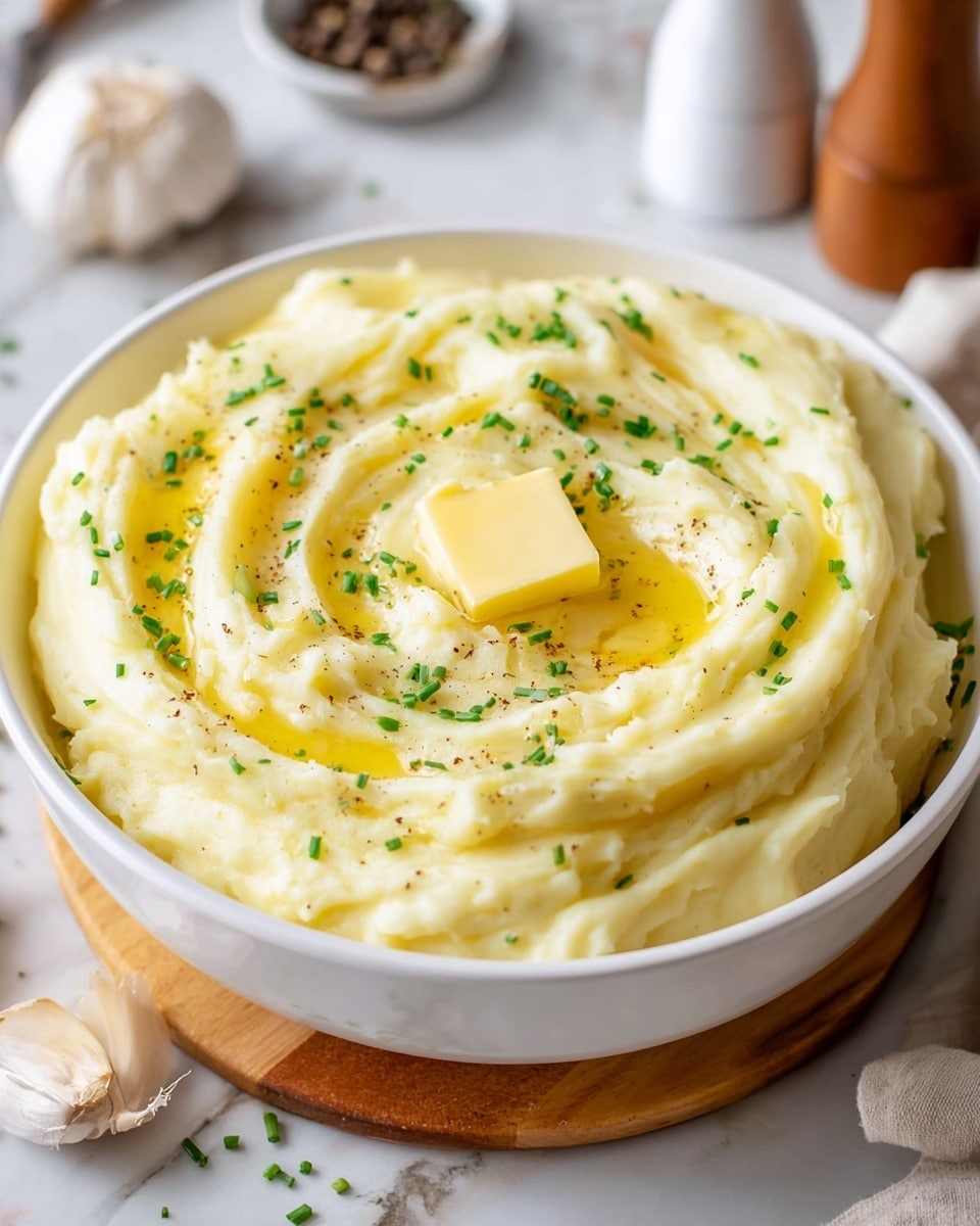 A bowl full of creamy mashed potatoes with a soft smooth texture is seen, swirled gently on top to create wave-like patterns; the mashed potatoes are pale yellow and topped with a small square of melting golden butter in the center, drizzles of melted butter around it, and sprinkled with finely chopped green chives and a few coarse black pepper bits. The bowl is white, set on a light brown wooden board, and placed on a white marbled surface. The background is softly blurred with hints of garlic and pepper shakers visible. Photo taken with an iphone --ar 4:5 --v 7