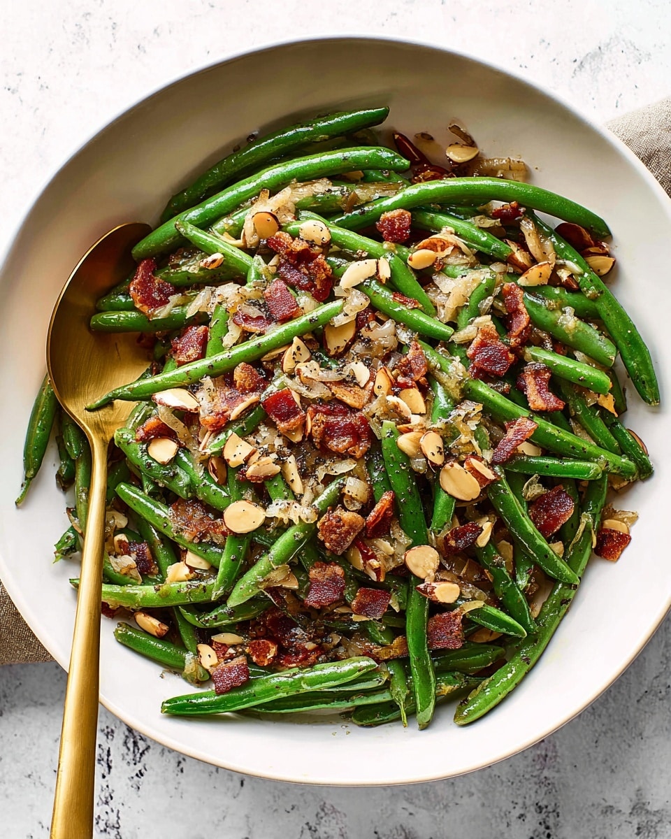 A white bowl filled with fresh green beans as the base layer, bright and glossy in color, mixed evenly with small bits of crispy reddish-brown bacon and light golden toasted almond slices scattered on top. The green beans look tender and firm, while the bacon pieces add a crunchy texture. A large golden spoon rests inside the bowl on the left side. The bowl sits on a white marbled textured surface, with a beige cloth partially visible at the lower right edge. Photo taken with an iphone --ar 4:5 --v 7