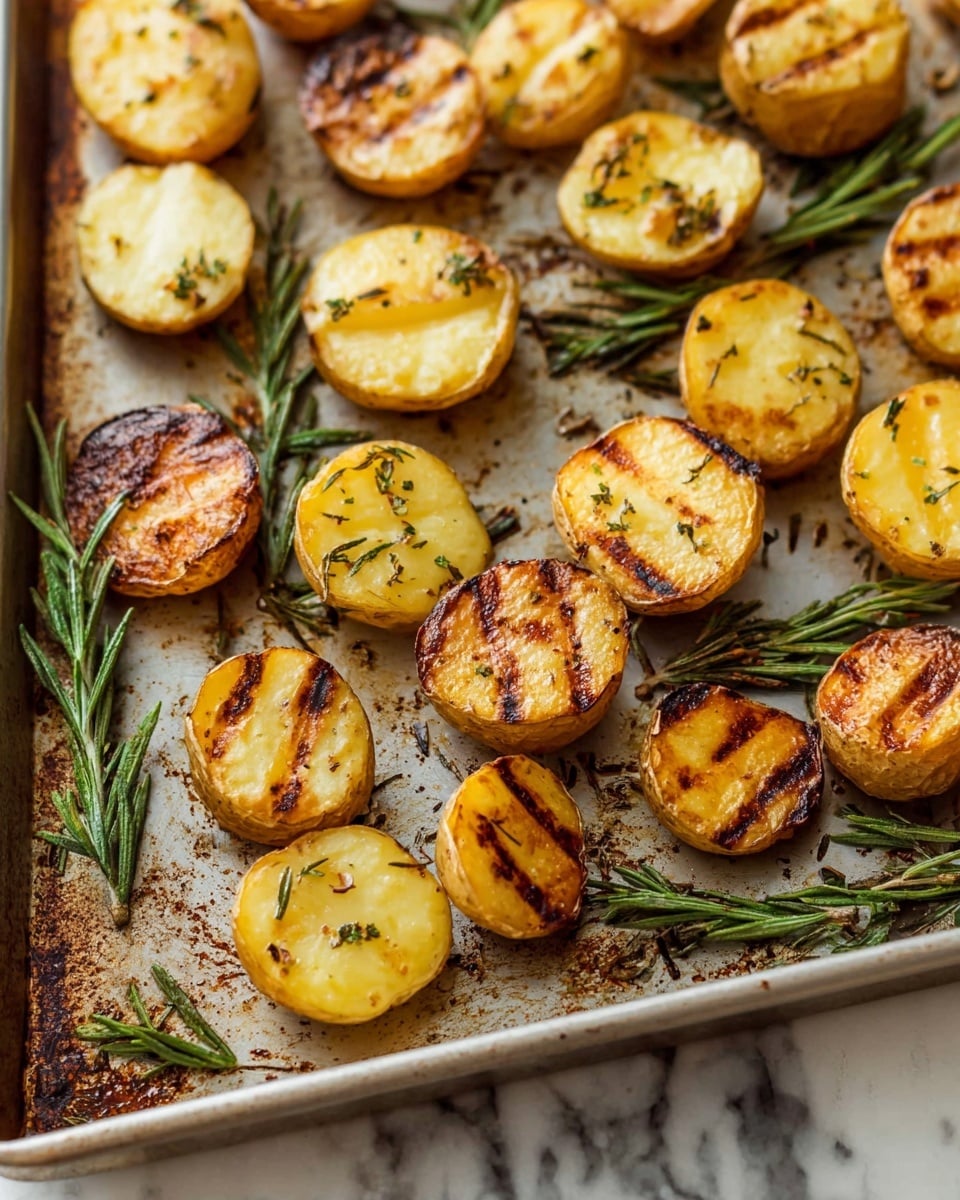 The image shows a metal baking sheet filled with halved roasted potatoes. The potatoes have two main colors: a golden yellow, soft inside with some herbs sprinkled on top, and a golden-brown charred outer skin that adds texture. Some potatoes show grill marks, giving a darker, striped pattern on their surfaces. Scattered fresh green rosemary sprigs lie on and between the potatoes, adding a pop of green and a fresh look. The metal baking sheet has some baked-on seasoning bits and slight browning where the potatoes rested, all set on a white marbled texture. photo taken with an iphone --ar 4:5 --v 7