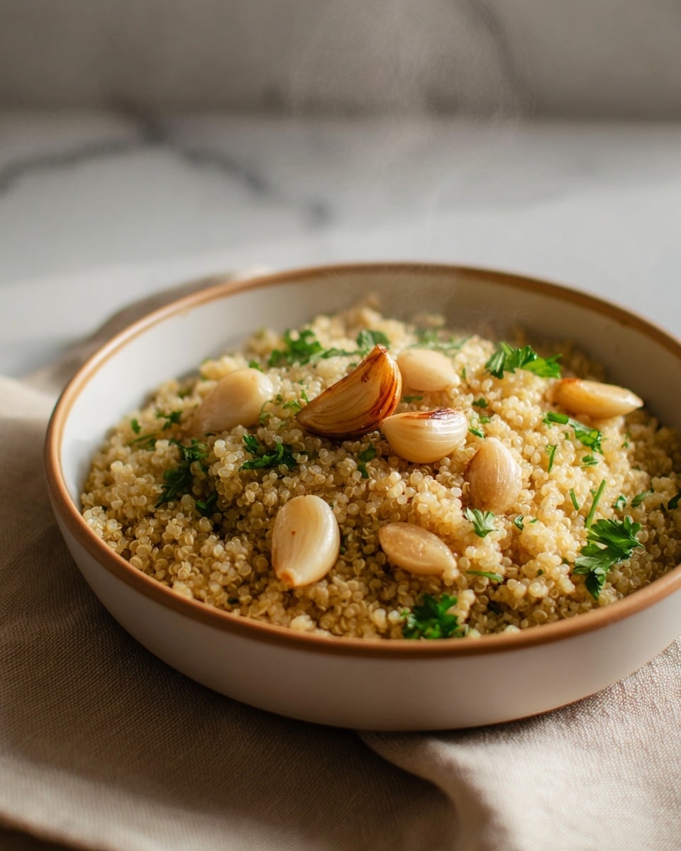 A steaming bowl of cooked quinoa served in a white bowl with a light green inside rim, filled with fluffy golden quinoa grains. On top, there are several whole peeled garlic cloves and vibrant green parsley leaves scattered evenly, adding color contrast and freshness. The bowl is placed on a white marbled textured surface with soft natural lighting, creating a warm and inviting scene. Photo taken with an iphone --ar 4:5 --v 7