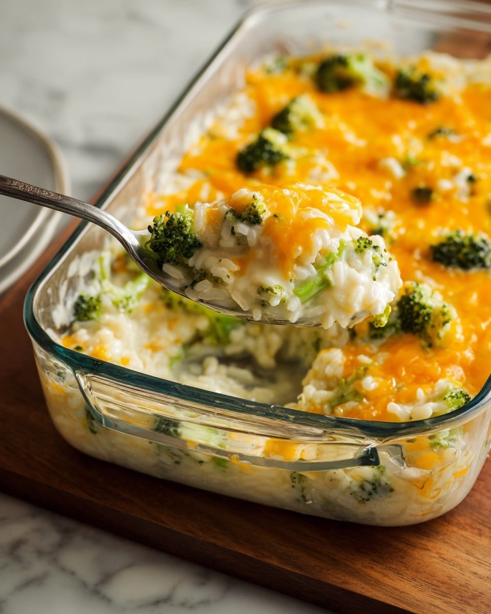 A clear glass baking dish filled with a creamy, cheesy rice casserole topped with melted orange cheddar cheese and bright green broccoli florets scattered on top and within the creamy white rice mixture beneath. A silver spoon is lifting a scoop showing one layer of steamed green broccoli, a thick layer of soft white rice mixed with sauce, and melted cheddar cheese on top. The dish is placed on a wooden surface with a white marbled texture background. photo taken with an iphone --ar 4:5 --v 7
