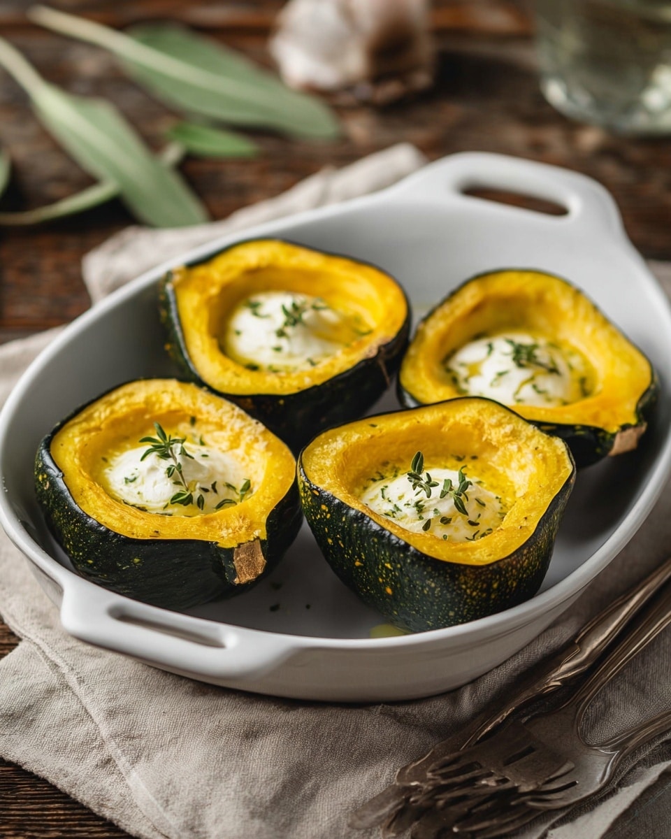 Four halves of roasted acorn squash are arranged inside a white oval dish with handles. Each squash half has a smooth, golden orange interior with a dollop of creamy white butter or sauce in the center, topped with scattered dark green herb flakes. The outer skin of the squash is a deep green, creating a strong color contrast. The dish sits on a soft, light beige cloth on a rustic wooden table, with a fork nearby and a small bouquet of green herbs in the background, resting on a white marbled surface. photo taken with an iphone --ar 4:5 --v 7