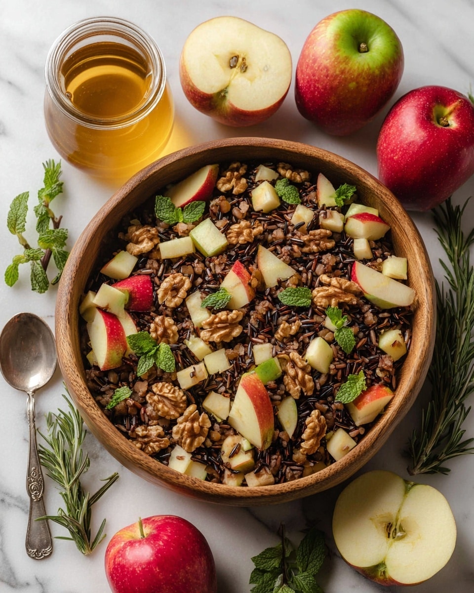 A wooden bowl filled with a mixed dish of chopped apple pieces showing both red and green skin, whole walnut halves scattered evenly, and dark wild rice grains giving a deep brown texture, all sprinkled with fresh green mint leaves and light brown cinnamon powder. Around the bowl, whole red and green apples and a clear glass jar of amber honey rest on a white marbled surface, accompanied by a silver spoon and sprigs of fresh rosemary. The presentation shows a rustic, inviting look with natural colors and textures. photo taken with an iphone --ar 4:5 --v 7