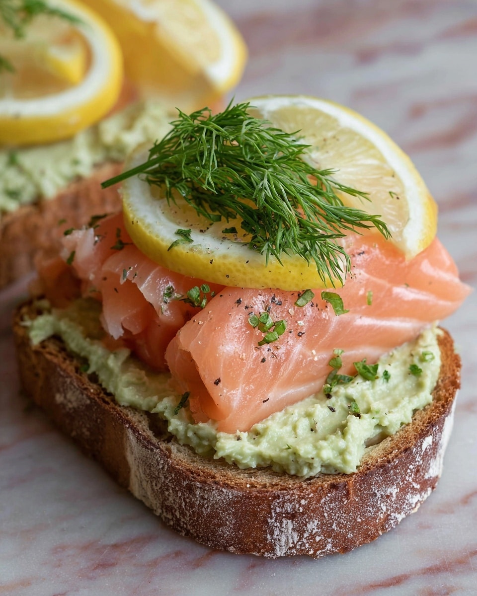The image shows an open sandwich with three visible layers on a white marbled texture. The bottom layer is a slice of rustic bread with a crusty edge and a dusting of flour. On top of the bread is a thick, creamy light green spread with a slightly chunky texture. Above this spread lies a thick, fresh piece of pink salmon with subtle marbling and small herbs sprinkled on it. The sandwich is garnished with three wedges of yellow lemon and a small bunch of fresh green dill placed centrally on the salmon. Photo taken with an iphone --ar 4:5 --v 7