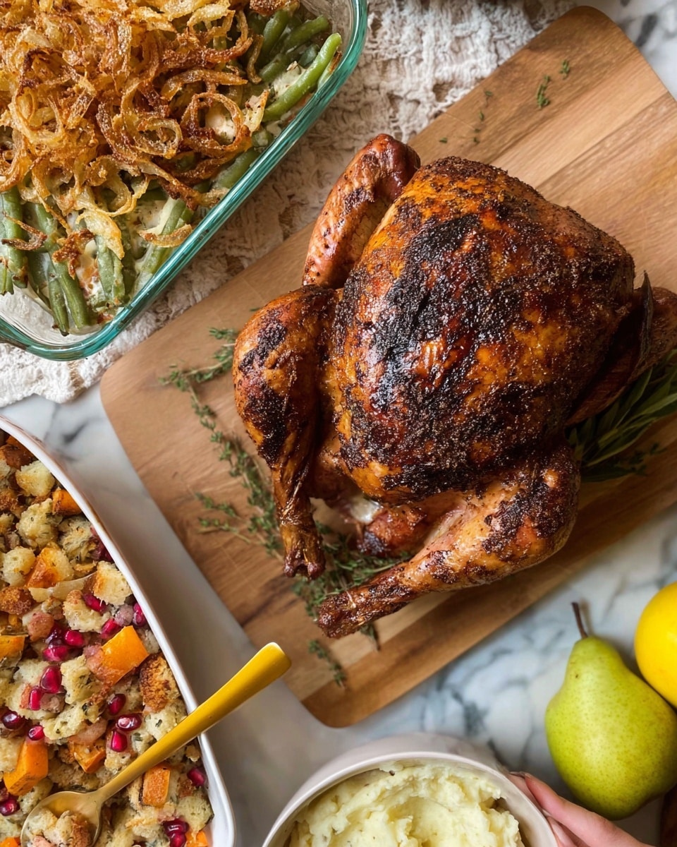 A piece of roasted turkey breast is placed on a white plate, sliced into five thick layers showing a golden brown crispy skin on top and tender light pink meat underneath. Behind it, a larger roasted turkey sits on a wooden cutting board with yellowish-brown skin and slightly charred wings. A woman's hand holding a knife is cutting into the larger turkey. The setting is on a white marbled countertop with part of a woven placemat under the white plate. photo taken with an iphone --ar 4:5 --v 7