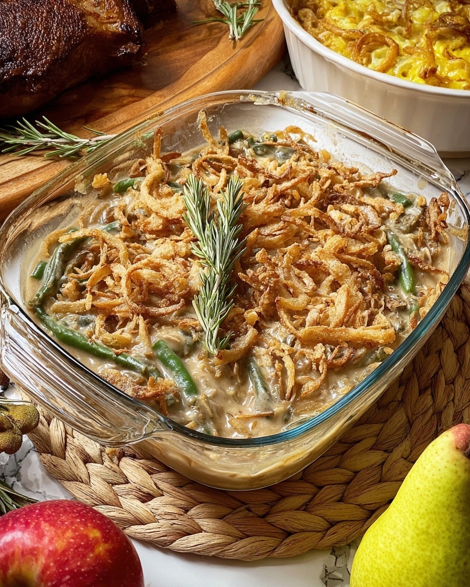 A clear glass baking dish filled with a creamy green bean casserole topped with a thick, golden layer of crispy fried onions. The casserole inside shows green beans and light brown sauce, with the crunchy topping covering the entire surface. On top of the fried onions, a small sprig of fresh rosemary sits in the center. The dish rests on a woven, natural-colored mat that lies on a white marbled surface. Nearby, there is a cooked, browned meat on a wooden board, a bright yellow-green pear, and a white casserole dish with a yellow lid filled with a chunky mixture. A red apple is partially visible in the corner. Photo taken with an iphone --ar 4:5 --v 7