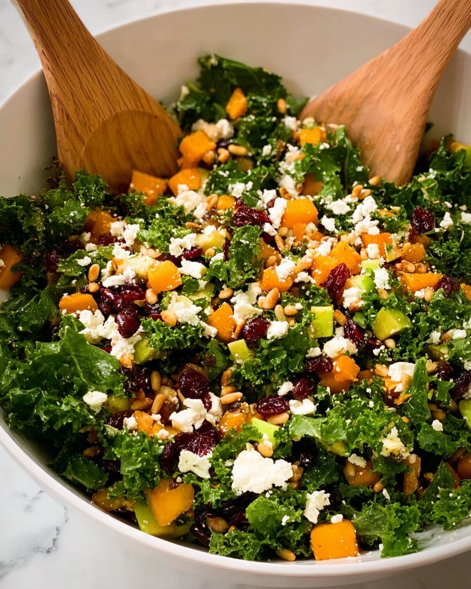 The image shows a fresh kale salad in a white bowl with wooden spoons on the sides. The salad has many bright green kale leaves with a curly texture as the base layer. Scattered throughout are small orange pieces of roasted butternut squash, light green apple chunks, creamy white crumbled goat cheese, red dried cranberries, and golden pine nuts, all mixed evenly. The salad looks fresh and colorful, with a mix of soft, crunchy, and chewy textures. The bowl is placed on a white marbled surface. Photo taken with an iphone --ar 4:5 --v 7
