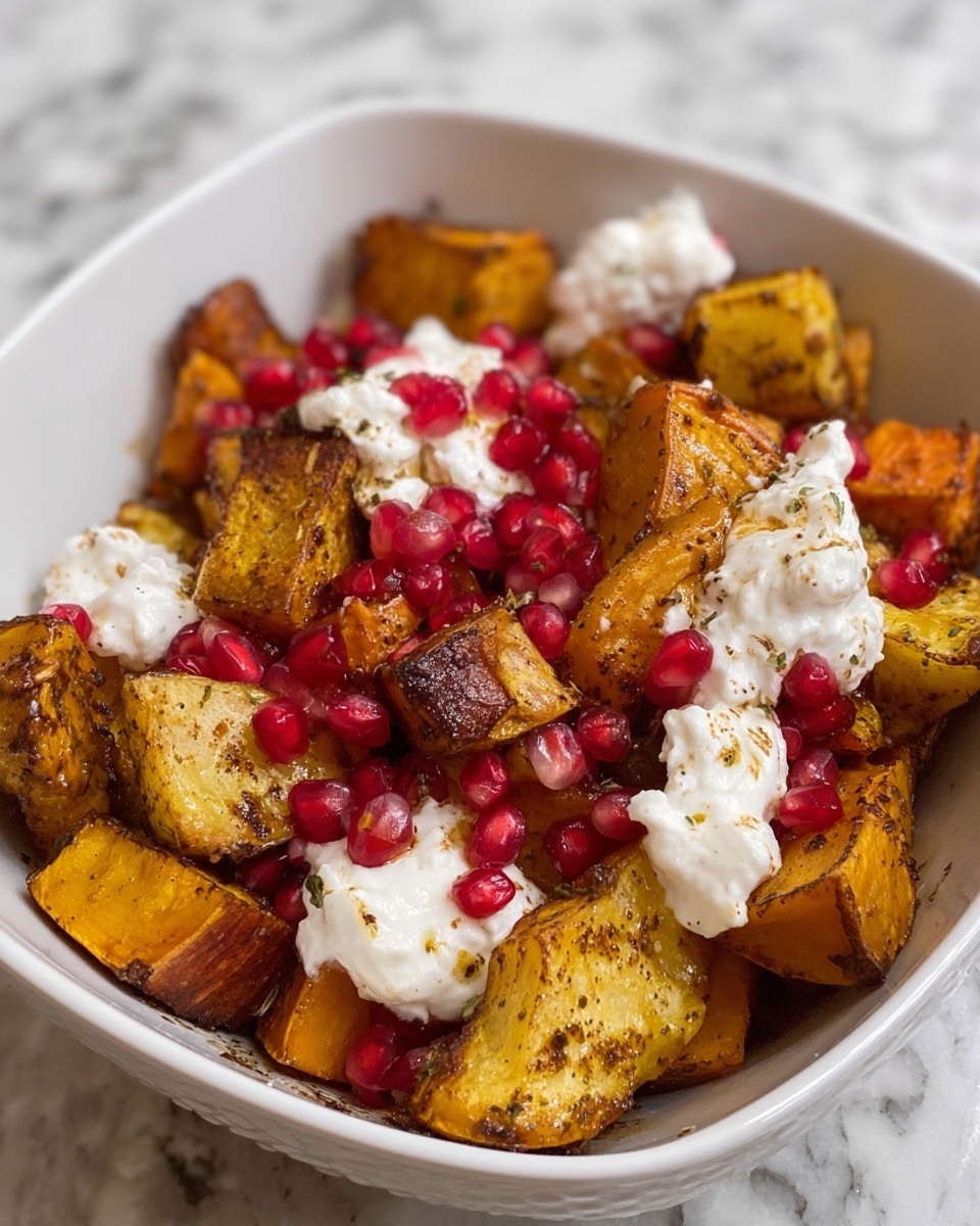 The dish is served in a white square bowl filled with golden-brown roasted potato chunks that have a slightly crispy texture. Among the potato pieces are soft, white dollops of a creamy cheese, creating a contrast of textures. Scattered throughout the bowl are bright red pomegranate seeds adding pops of color and freshness. The bowl is placed on a white marbled surface. photo taken with an iphone --ar 4:5 --v 7