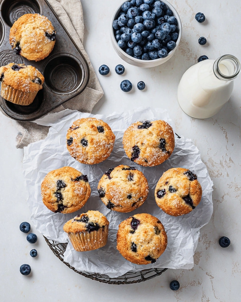 The image shows nine golden-brown blueberry muffins with a coarse sugar topping, scattered on crumpled white parchment paper placed on a round wire rack. Each muffin has a slightly domed top with visible dark blue blueberries inside and on top, contrasted by the light yellowish-brown muffin body. To the top left is a dark metal muffin pan holding two muffins and a cup filled with fresh blueberries, while loose blueberries are scattered around the scene. On the right side, there is a small glass bottle filled with white milk and a white measuring cup filled with more blueberries. All items rest on a white marbled surface, creating a clean and fresh atmosphere. photo taken with an iphone --ar 4:5 --v 7
