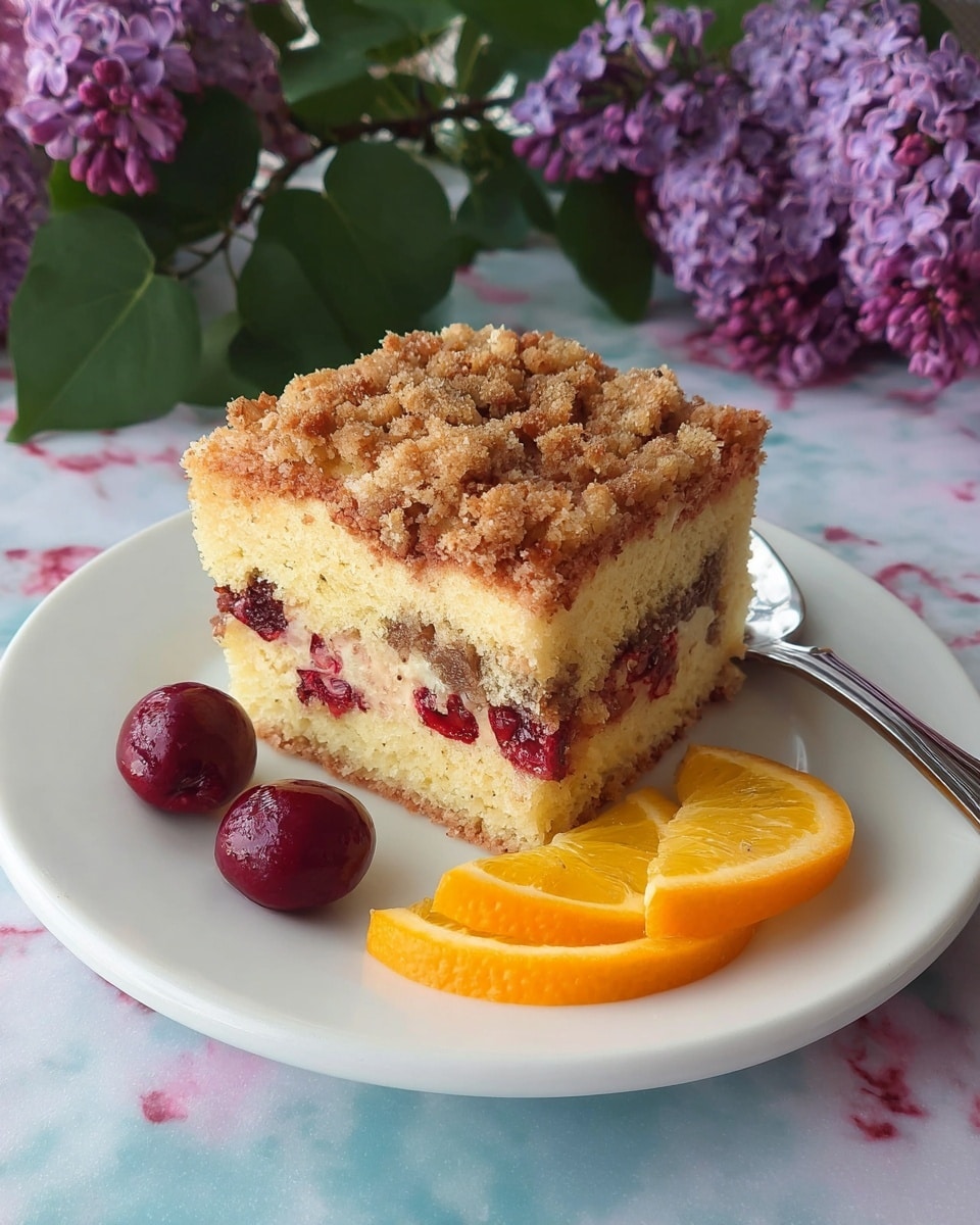 A square piece of cake with three clear layers sits on a white plate. The bottom layer is a pale yellow sponge cake with bits of dark red berries embedded inside. The middle layer is a crumbly, brown filling with a rough texture. The top layer is another pale yellow sponge cake studded with red berry pieces, covered by a thick, golden-brown crumb topping with a crunchy texture. Next to the cake are two whole dark red berries and three small, thin slices of orange arranged in a fan shape. The scene is set on a white marbled surface with purple lilac flowers and green leaves in the background, and a silver spoon placed on the right side. Photo taken with an iphone --ar 4:5 --v 7