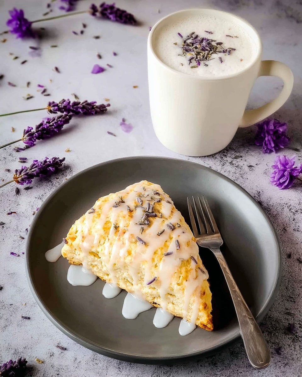 A single triangular scone with a golden brown, slightly crispy top sprinkled with small bits of dried lavender sits on a white plate, with a light drizzle of white glaze flowing down its sides pooling slightly at the base. A silver fork is placed on the right side of the plate. Next to the plate, on a white marbled texture surface, there is a white mug filled with frothy white cream topped with small purple lavender buds. Scattered lavender flowers add a soft purple accent around the setup. Photo taken with an iphone --ar 4:5 --v 7