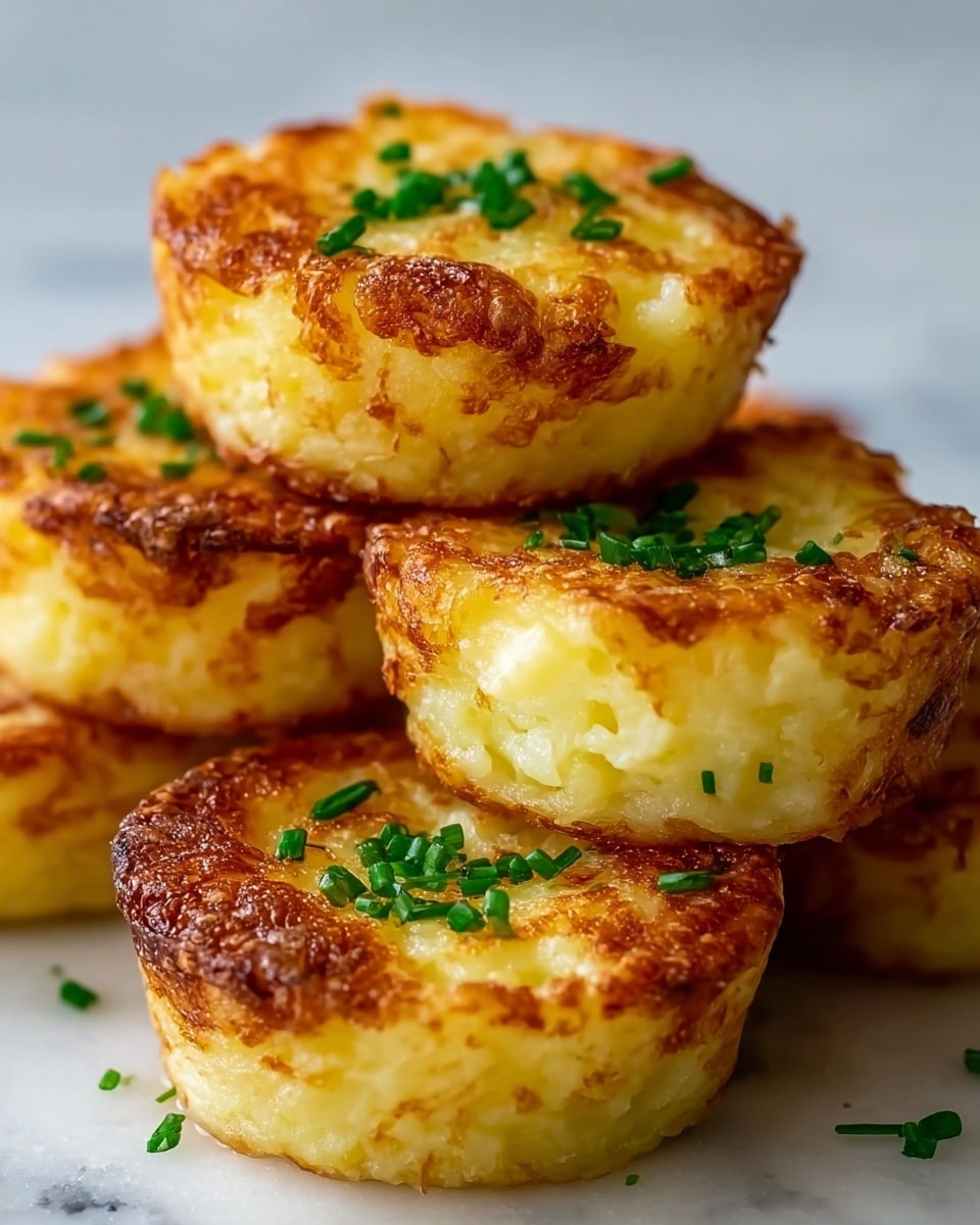 A group of six golden brown mini potato cakes with a crispy, slightly uneven outer edge and a soft, fluffy yellow inside are stacked closely on a white marble surface. Each cake is topped with small chopped green chives, adding a splash of color. The cakes are round with rough, crunchy crusts that show a mix of light and darker toasted browns, while the inside remains smooth and creamy with pale yellow hues. Photo taken with an iphone --ar 4:5 --v 7