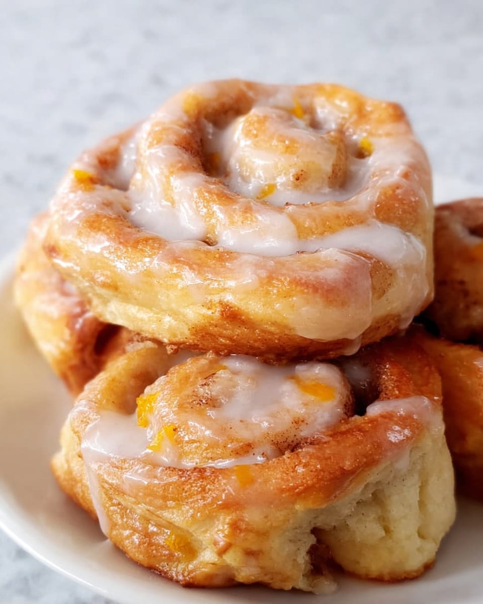 The image shows a close-up of a stack of three cinnamon rolls on a white plate, placed on a white marbled surface. Each roll is made of multiple golden-brown layers of soft dough rolled in a spiral shape with visible swirls of cinnamon and small patches of orange bits, possibly citrus zest. The rolls are thick, fluffy, and have a lightly crisp outer edge. The top layer of each roll is covered in a shiny, semi-transparent white glaze that drips slightly down the sides, adding a glossy texture. The rolls appear moist and sweet, with the glaze creating a smooth contrast against the dough’s rougher, baked texture. photo taken with an iphone --ar 4:5 --v 7