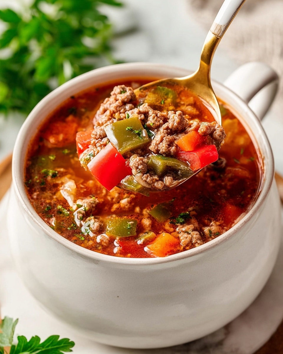 A close-up view of a white bowl filled with a thick, hearty stew showing many layers. The base layer is a red, tomato-rich broth with visible oily sheen. Mixed through this are chunks of browned ground meat, soft white rice grains, and pieces of red and green bell peppers adding bright spots of color. The stew is topped with finely chopped green herbs sprinkled all over. A gold spoon rests inside the bowl on the right side, partially submerged in the stew. The bowl sits on a white marbled surface, next to a bowl of fresh chopped green herbs in the background and a cream-colored knitted cloth on the left. photo taken with an iphone --ar 4:5 --v 7