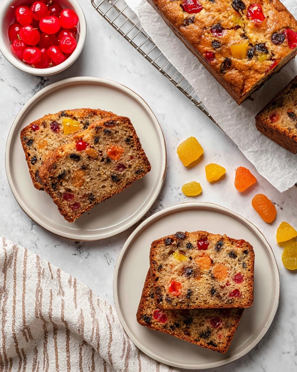 Two slices of fruitcake with a brown crust sit on two small white plates on a white marbled surface. Each slice shows many colorful bits inside, including red, orange, yellow, and dark brown pieces. To the top right, there is a larger loaf of the fruitcake on a cooling rack, partially sliced. Around the plates and loaf, small pieces of dried fruit in yellow and orange colors are scattered. On the left side, a small white bowl holds shiny red cherries, and behind it is a wooden bowl with chunks of yellow and orange dried fruit. A gray and white striped cloth is partly visible in the top center of the image. Photo taken with an iphone --ar 4:5 --v 7