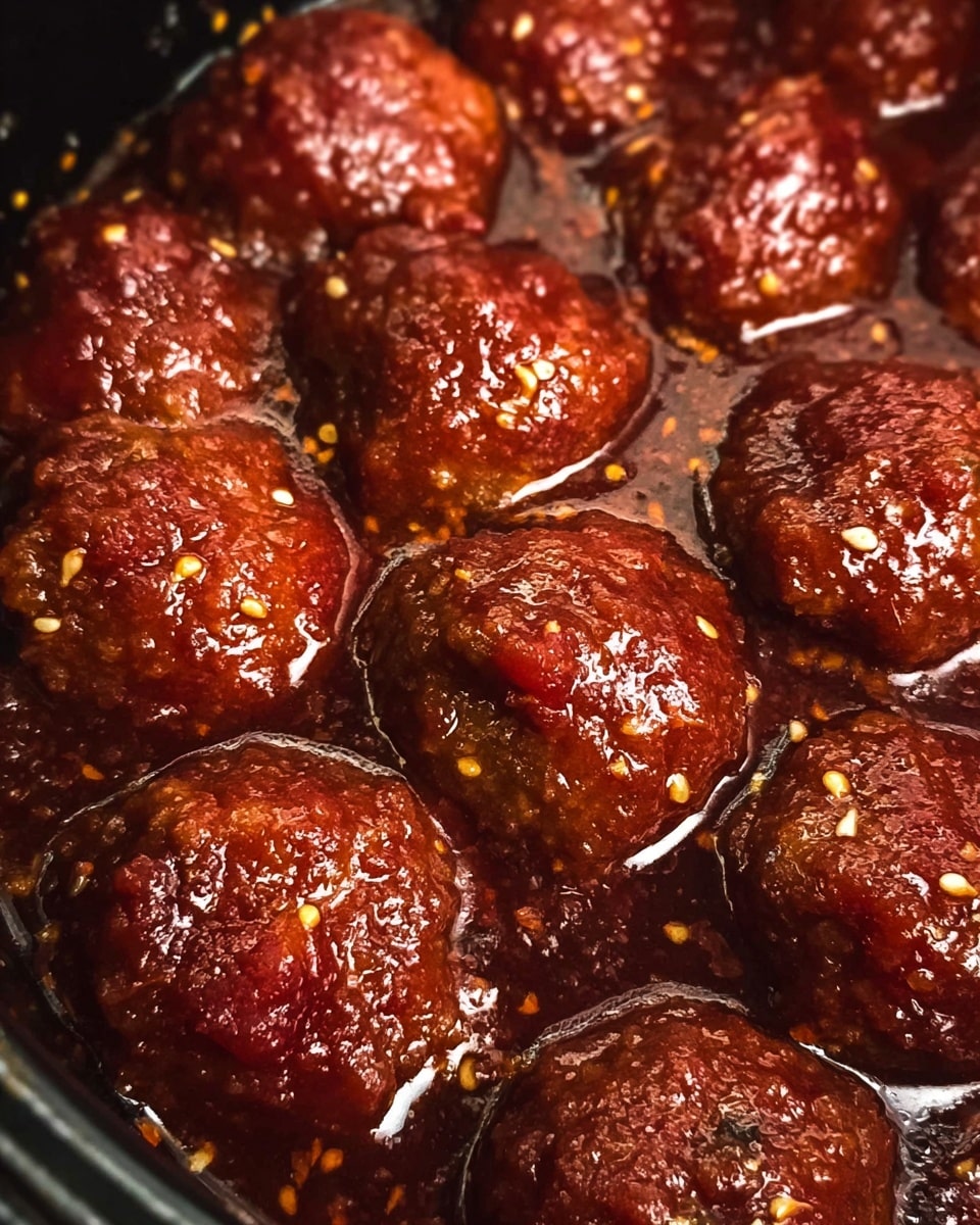 Close-up view of many shiny brown meatballs covered in a thick, dark red sauce with visible small bits of seasoning. The meatballs are round and have a slightly textured surface. They are sitting closely together in a pot or slow cooker with the sauce bubbling gently around them, showing a rich, glossy coating and small oil spots. The background is not visible, focusing closely on the meatballs and sauce. photo taken with an iphone --ar 4:5 --v 7