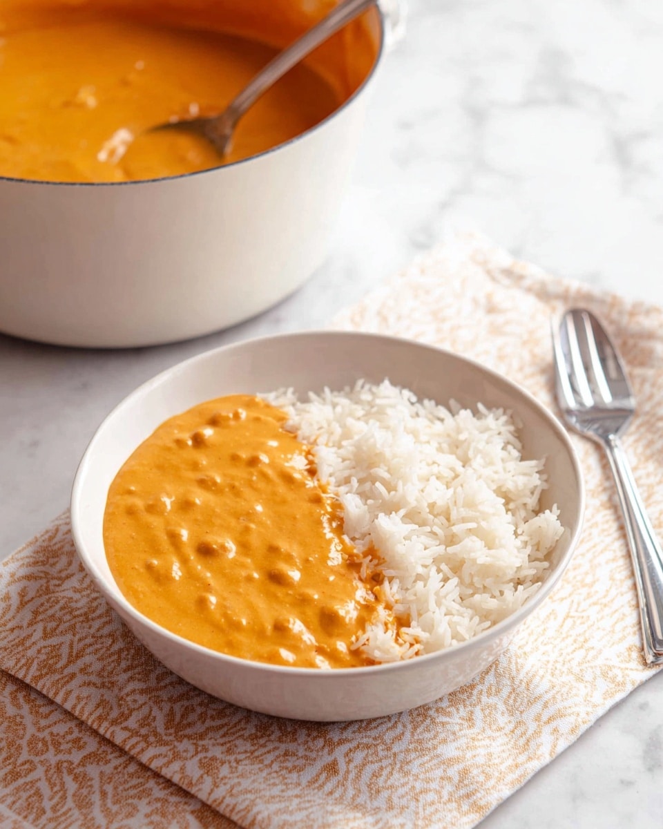 A white bowl holds a dish with two layers: on the right is a layer of fluffy white rice with visible small grains, and on the left is a thick, creamy orange sauce that looks smooth with small lumps, partially covering the rice. The bowl sits on a light patterned cloth with beige and white colors, placed on a white marbled surface. Behind the bowl, a large white pot filled with the same orange sauce is partially visible with a metal spoon resting inside. A silver fork lies next to the bowl, enhancing the simple, clean setting. Photo taken with an iphone --ar 4:5 --v 7