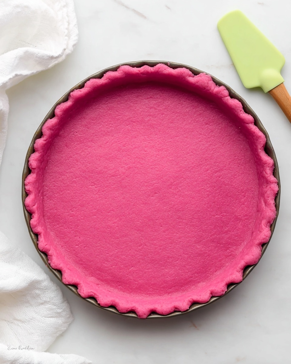 A round tart pan filled with a single thick layer of smooth, bright pink dough pressed evenly into the base and sides, creating a scalloped edge along the rim. The pan is placed on a white marbled surface, with a white cloth partly visible on the left side and a green silicone spatula with a wooden handle lying on the bottom right. The dough's texture appears soft and slightly matte, with a consistent color throughout, making the tart crust the main focus. Photo taken with an iphone --ar 4:5 --v 7